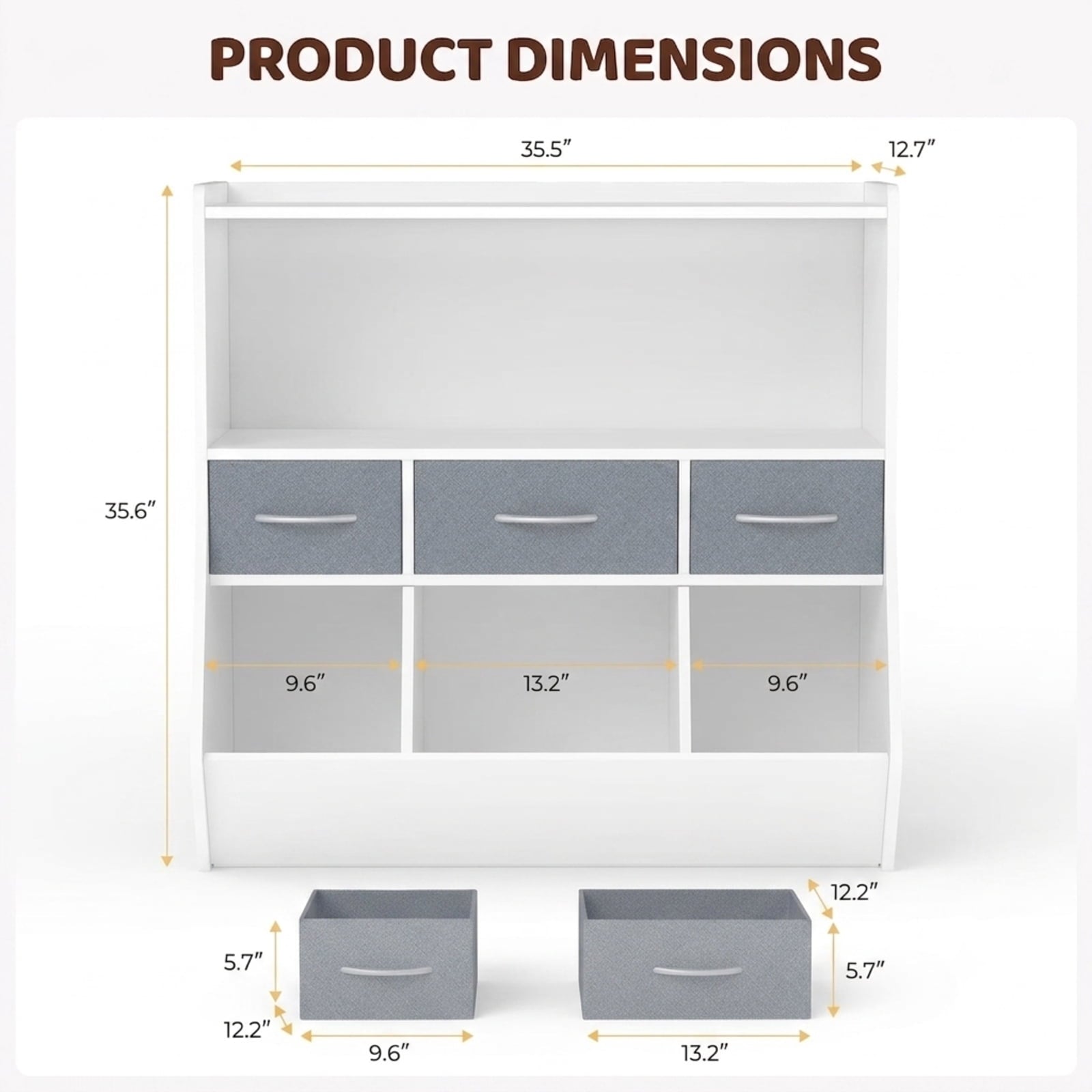 Fenbeli Kids Bookshelf and Toy Storage Organizer, White MDF Bookcase with 3 Removable Fabric Bins Open Compartments and Rounded Edges, for Nursery Bedroom and Playroom