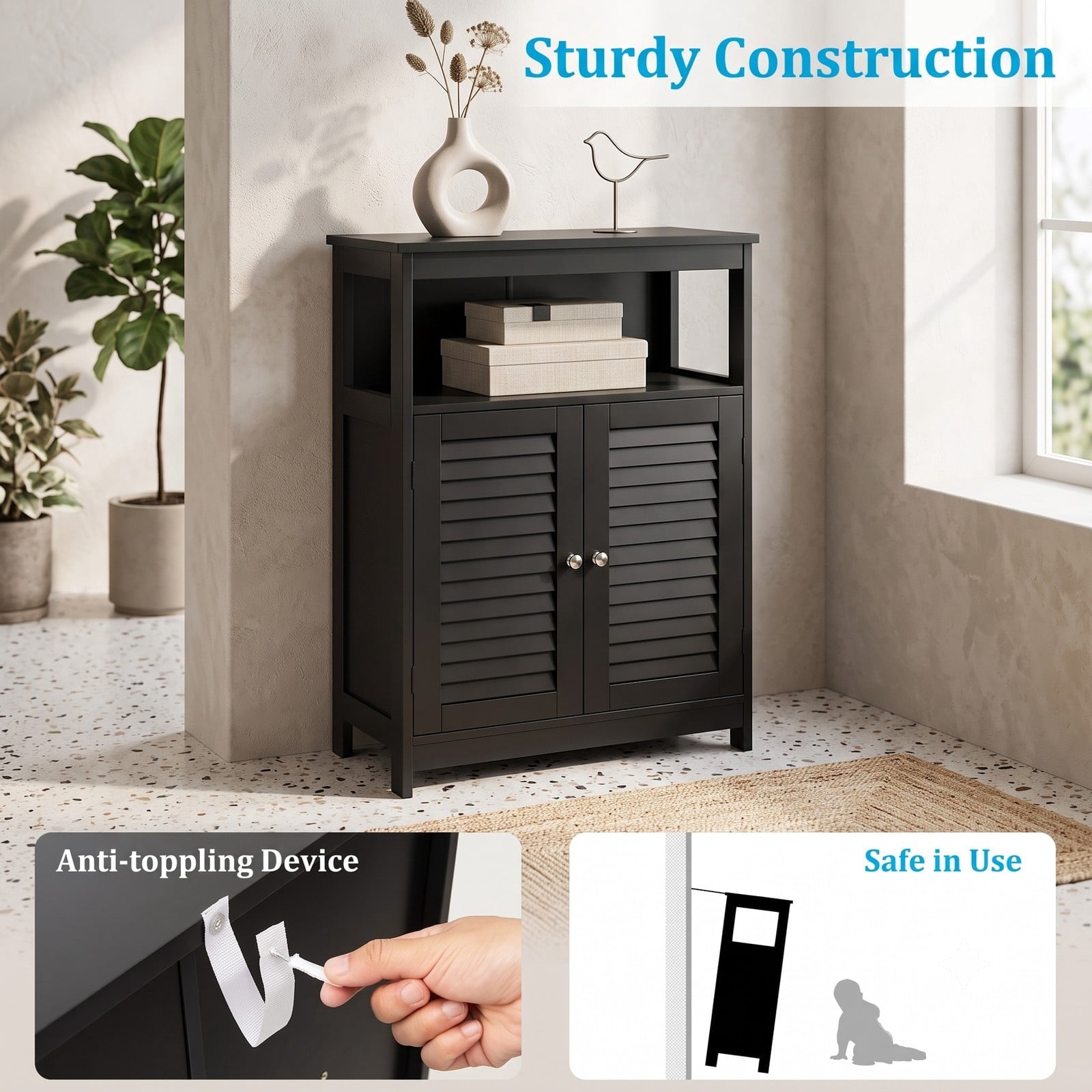 Fenbeli Wood Freestanding Bathroom Storage Cabinet, Double Shutter Doors with Adjustable Inner Shelf and Anti-Tipping Device, Floor Organizer Cabinet for, Black