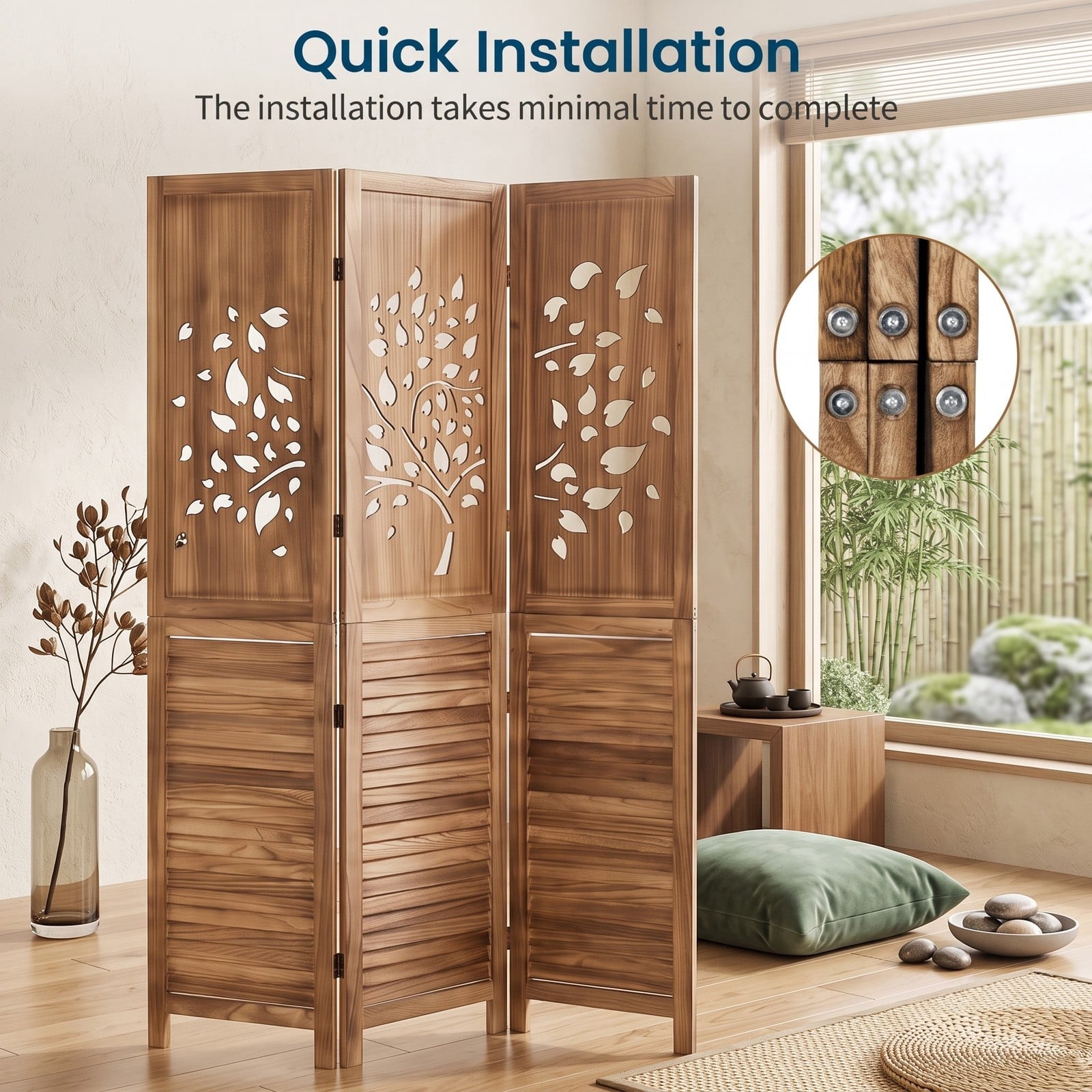 Fenbeli 67 Inch Folding Room Divider 3 Panel Freestanding Privacy Screen with Tree Cutout and Louver Design, Paulownia Wood Partition for, White and Rustic Brown