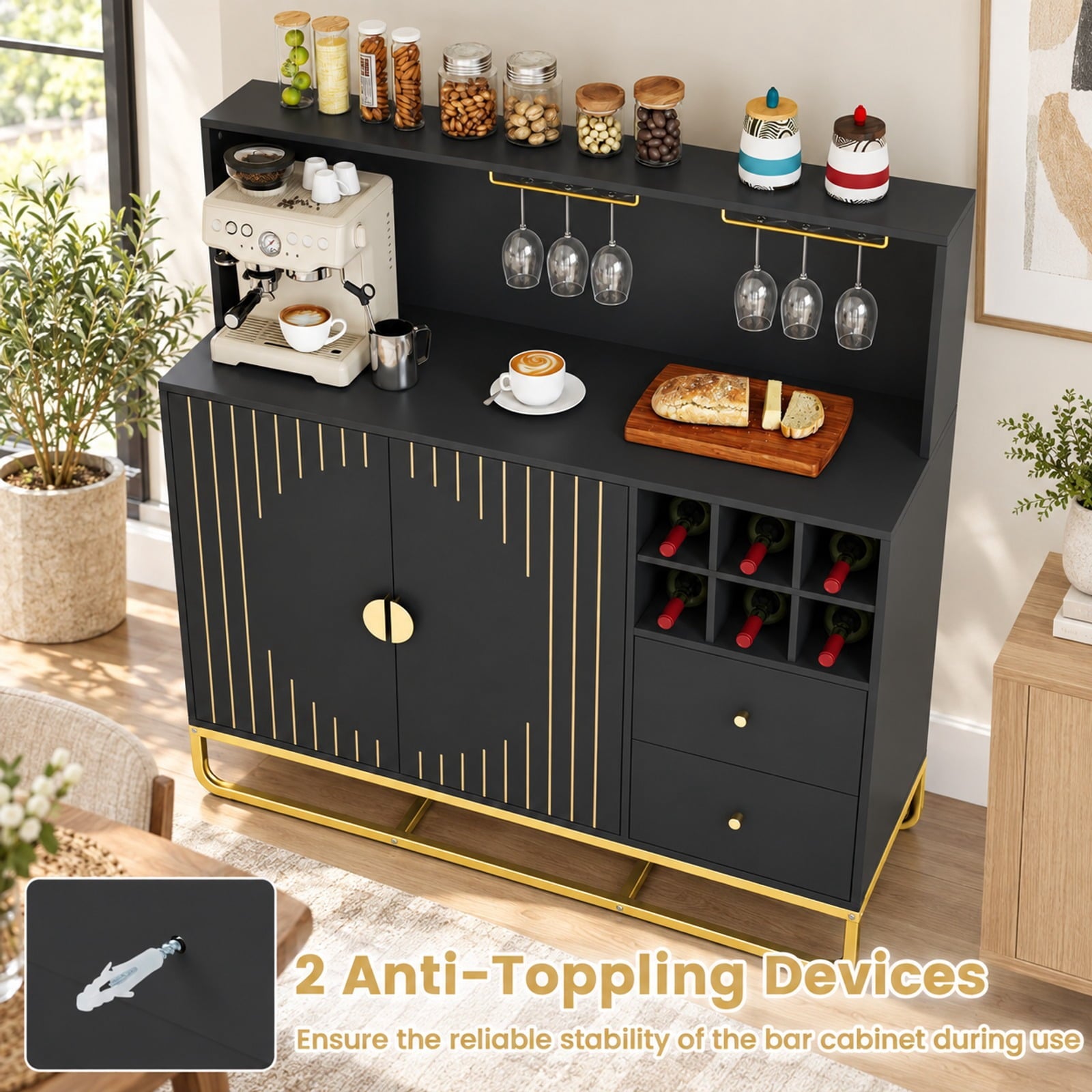 Fenbeli Home Bar Cabinet with Wine Rack Glass Holder and Adjustable Shelf, 47 x 16 x 48.5Inner Footprint, Black