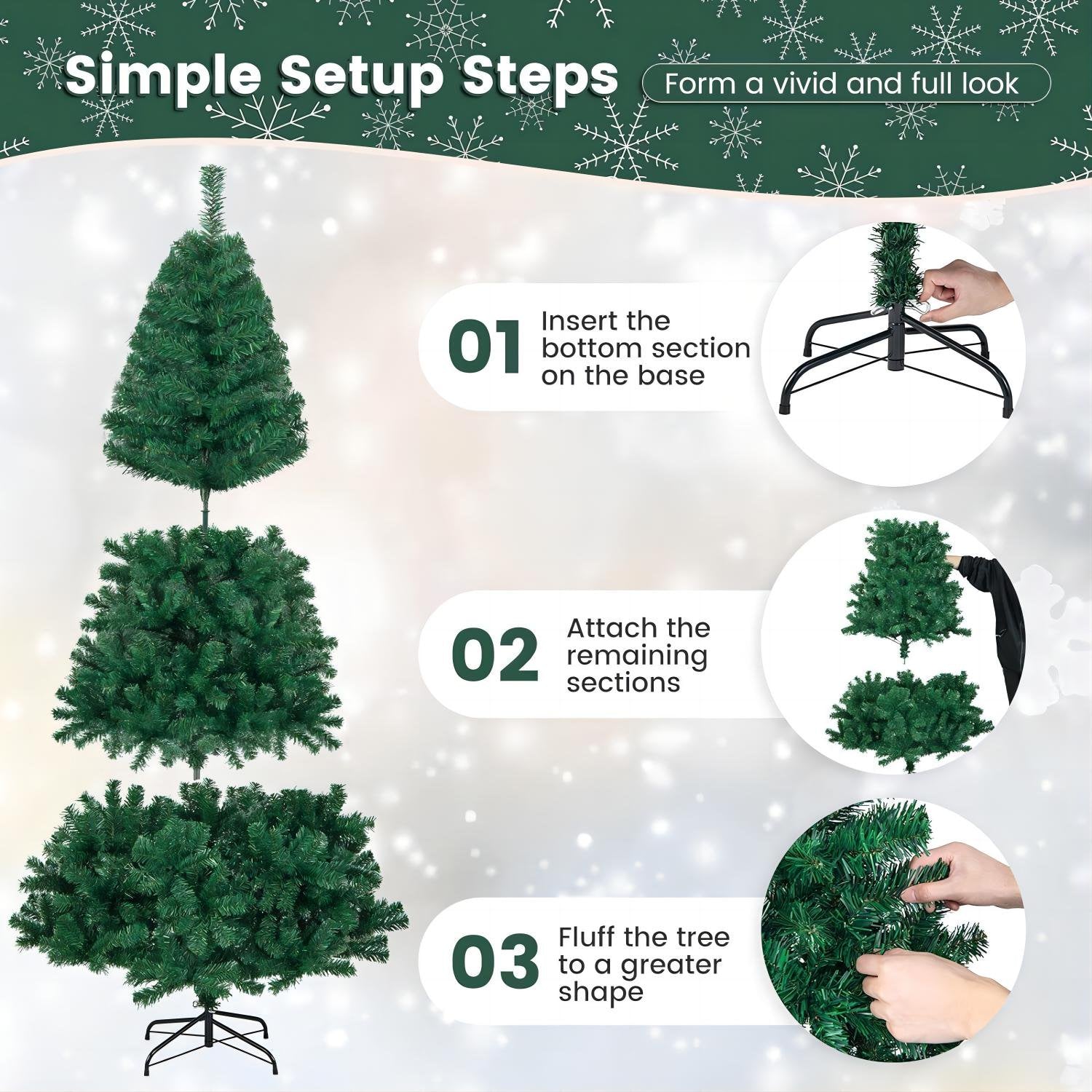 7ft Pre-Lit Artificial Christmas Tree, Hinged Xmas Tree with 400 Multi-Color LED Lights, 1350 PVC and PE Branch Tips, for Holiday Party Office Home Decor