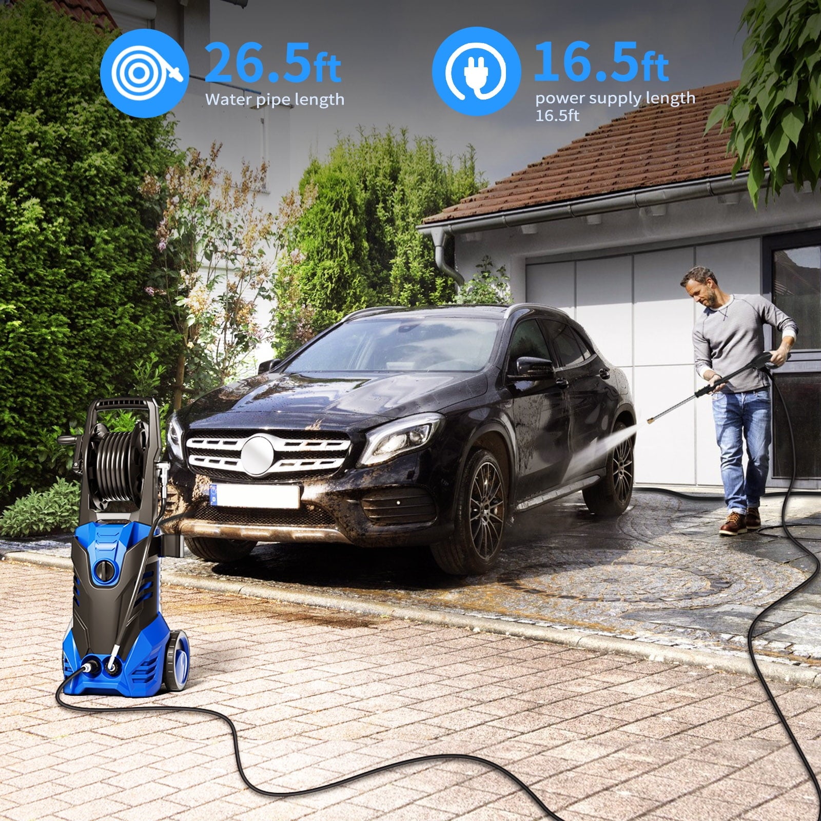 Fenbeli 3800 PSI Electric Pressure Washer - Lightweight with Wheels, Easy to Assemble, 2.0GPM, Includes 5 Nozzles for Cars, Fences, Driveways,Blue