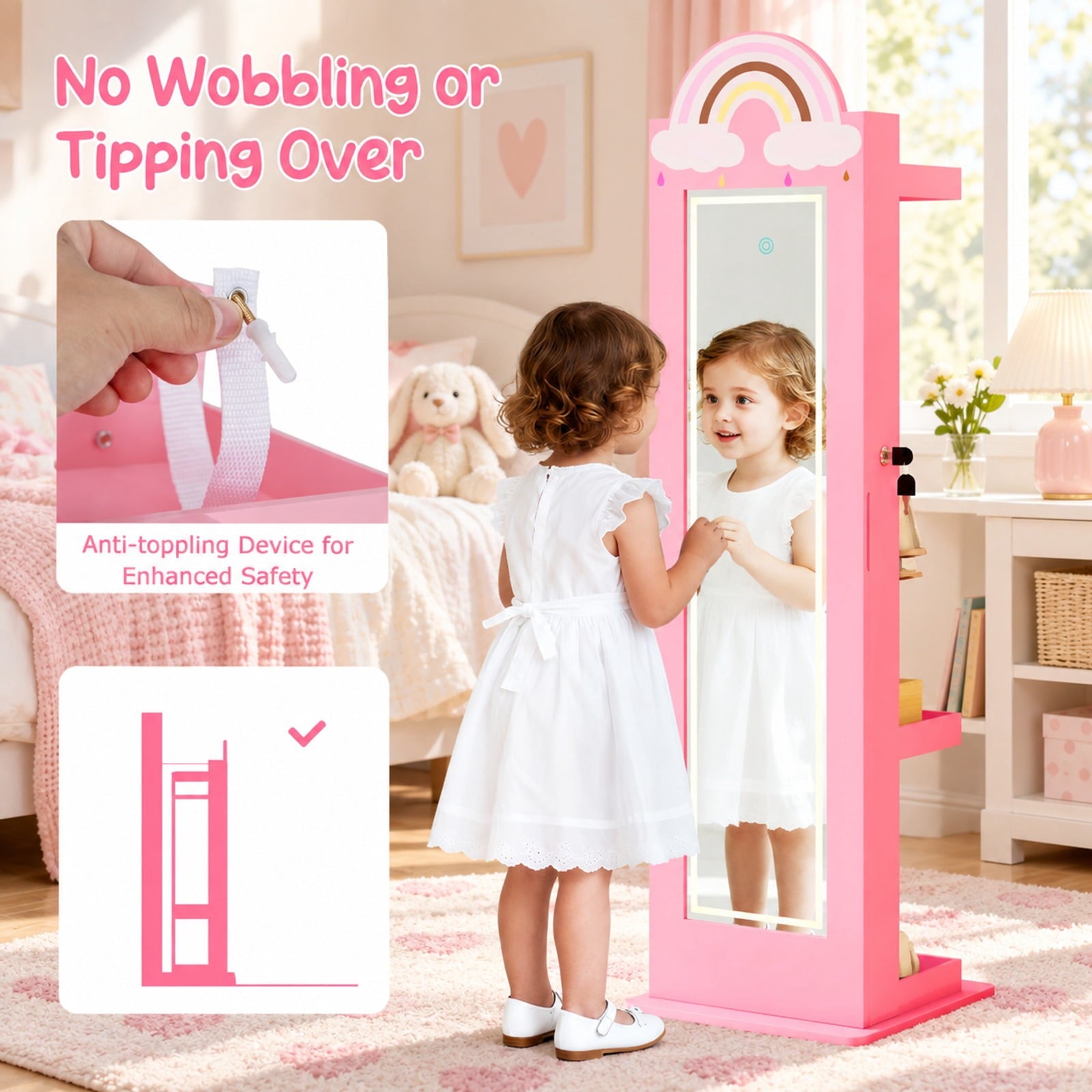 Fenbeli 3 In 1 Kids Jewelry Cabinet Freestanding Jewelry Armoire with 3-Color Lighted Mirror, MDF Glass Acrylic Frame, Pink