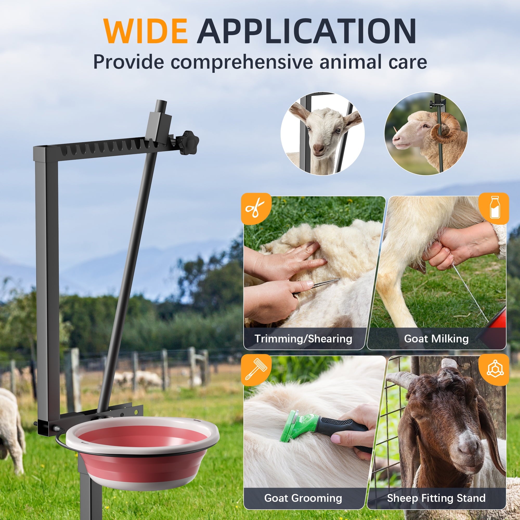 Fenbeli Goat Trimming Stand with Feed Bin, 600 lbs Capacity Livestock Grooming & Milking Table for Goats & Sheep, Black