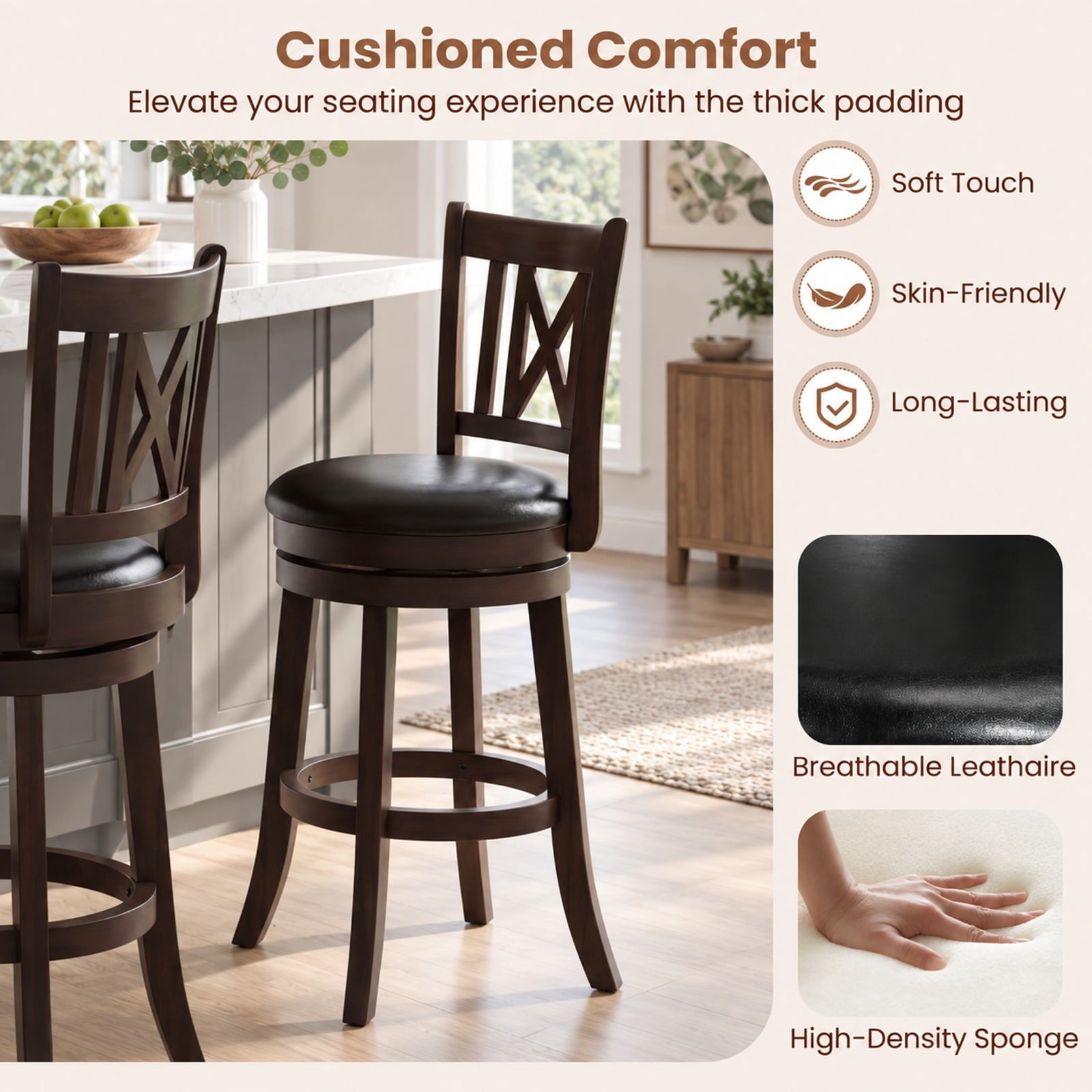 Fenbeli Set of 2 Bar Stools Swivel Bar Chairs with Hollowed Backrest and Footrest-26 inches, Capacity 275 lbs Capacity, 20 x 18 x 39.5 Footprint