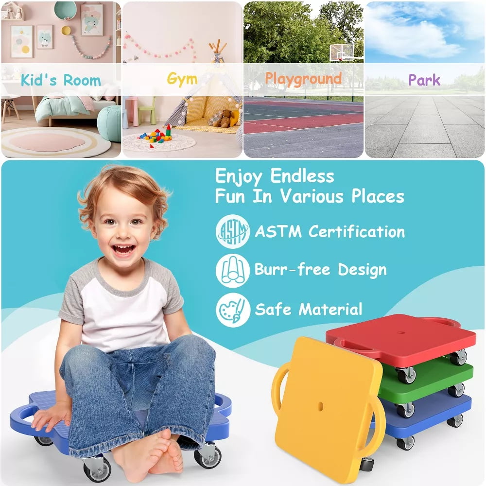 Fenbeli 4 Pieces Sport Scooters Board with Handles, Sitting Scooter for kids, Gym Indoor Outdoor Activities Play Equipment