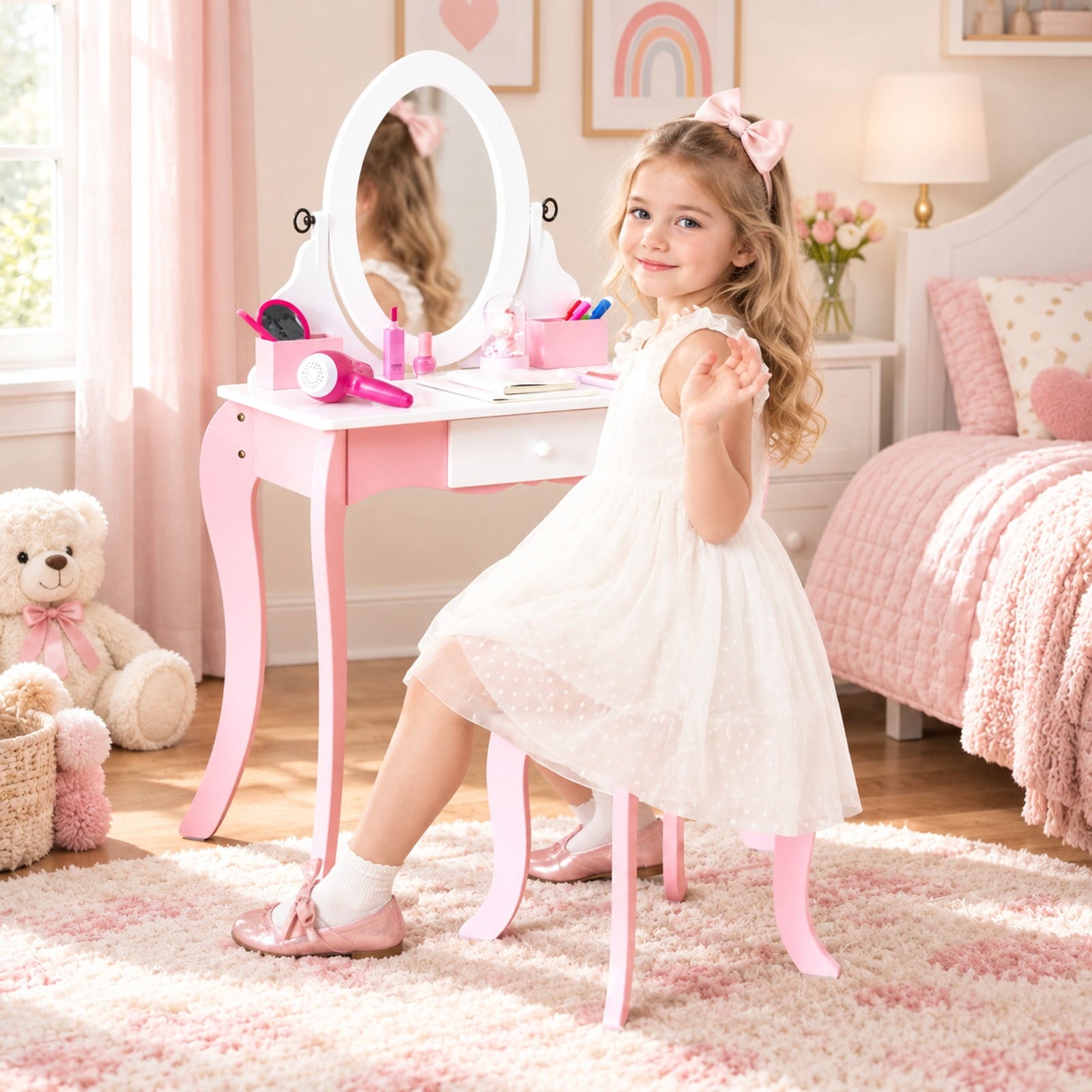 Fenbeli Pretend Kids Vanity Set with 360° Rotatable Mirror and Play Accessories, 66 lbs Capacity, MDF Acrylic Frame, 24 x 13.5 x 40 Footprint