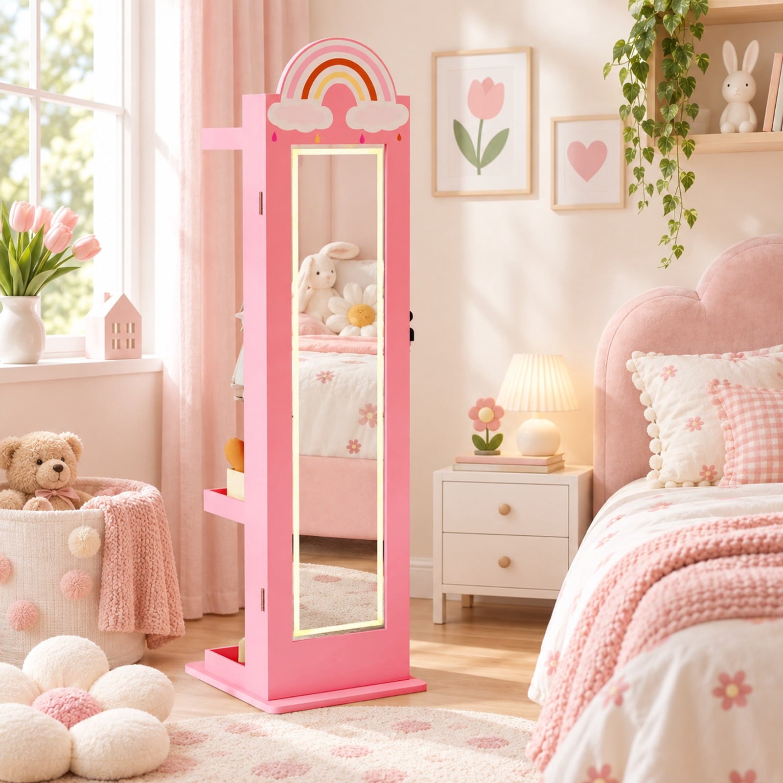 Fenbeli 3 In 1 Kids Jewelry Cabinet Freestanding Jewelry Armoire with 3-Color Lighted Mirror, MDF Glass Acrylic Frame, Pink