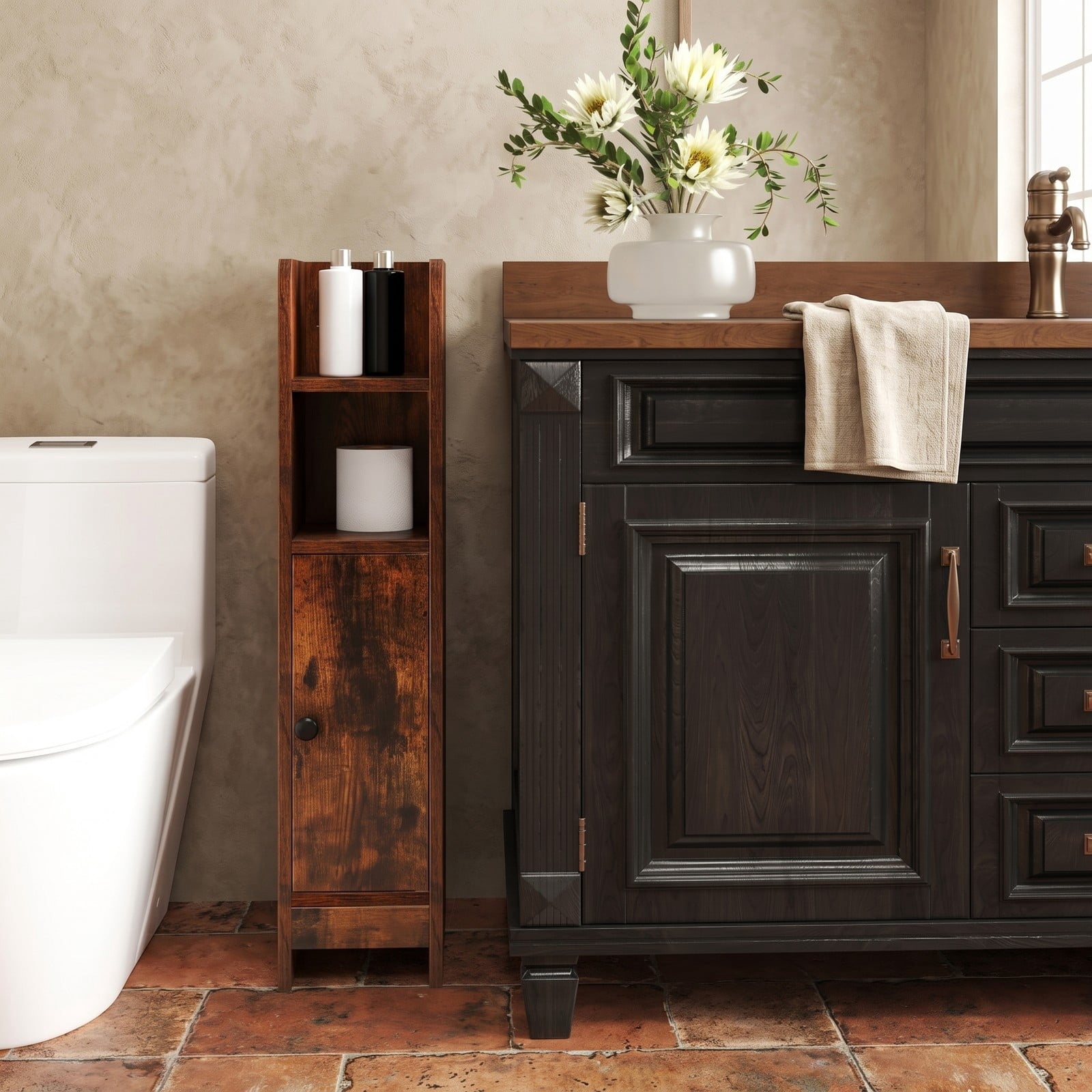 Fenbeli Slim Bathroom Corner Storage Cabinet, Freestanding Floor Cabinet with Door and Adjustable 3-Tier Shelf, Anti-Tipping Space-Saving Organizer for, Rustic Brown