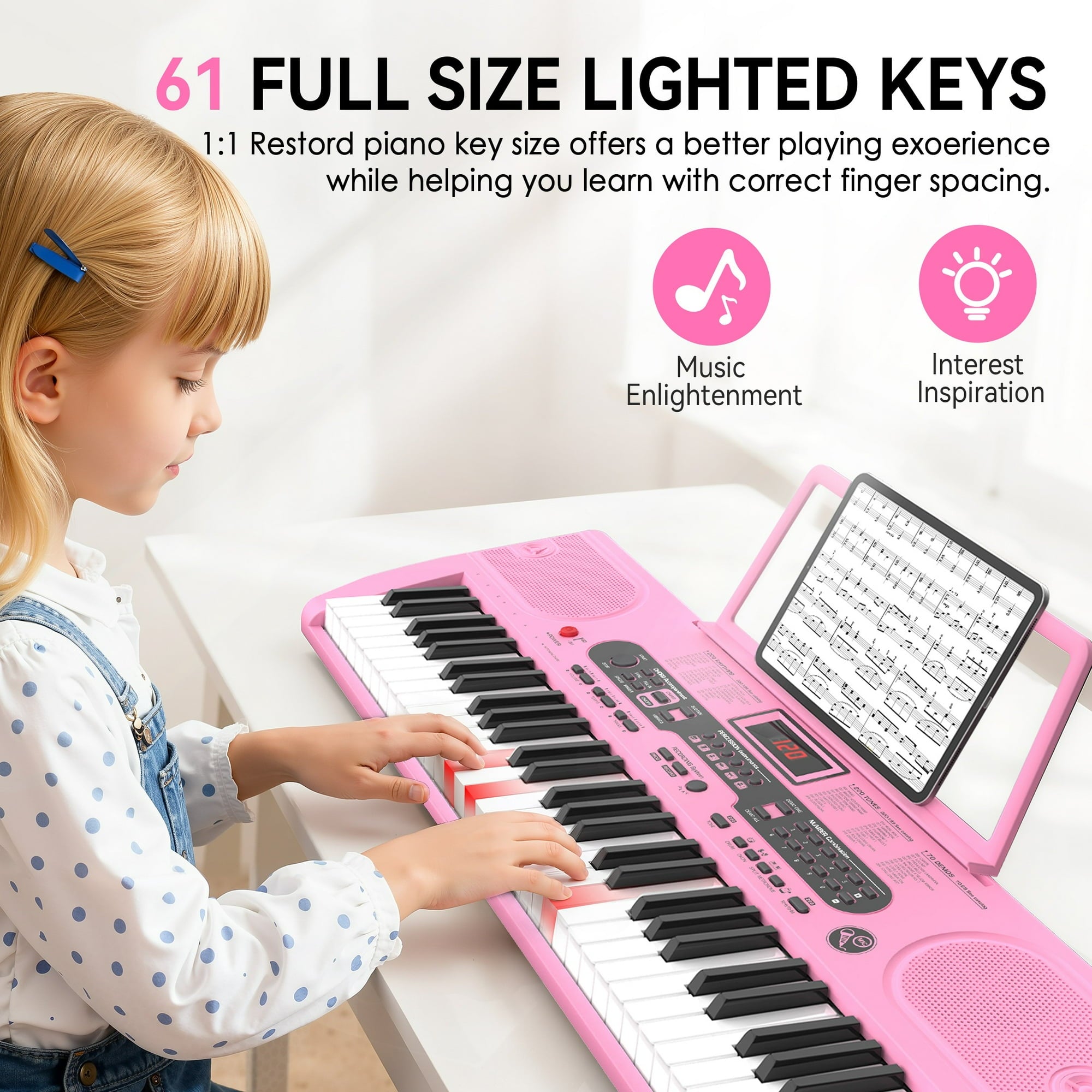 Fenbeli 61-Key Piano Keyboard with Lighted Keys, Stand, Bench, Microphone, Headphone, Electronic Keyboard Piano Set, Pink