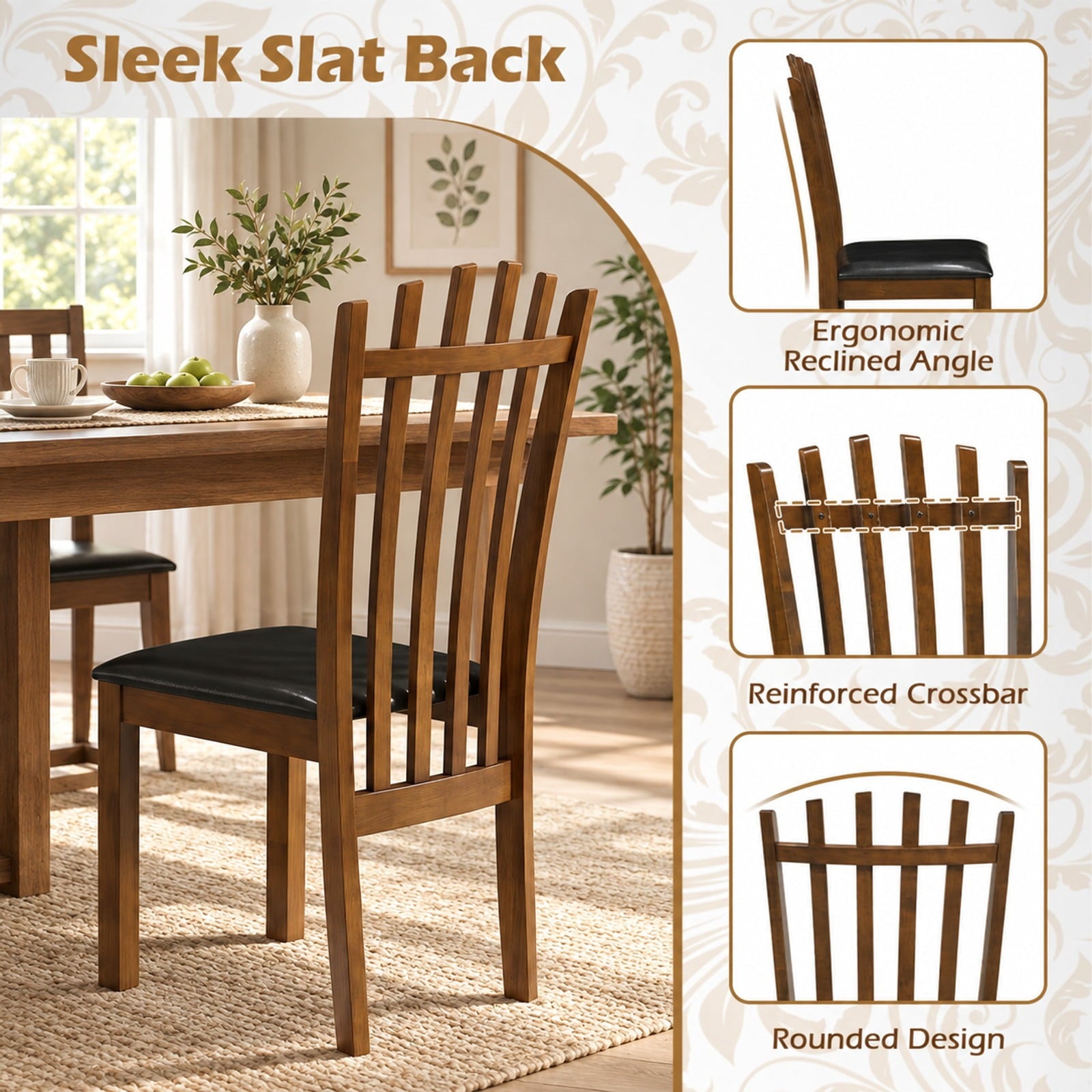 Fenbeli Wooden Dining Chair Set of 2 with Spindle Back and PU Leather Seat, 330 lbs Capacity, Rubber Wood PU Leather Sponge Frame, Black