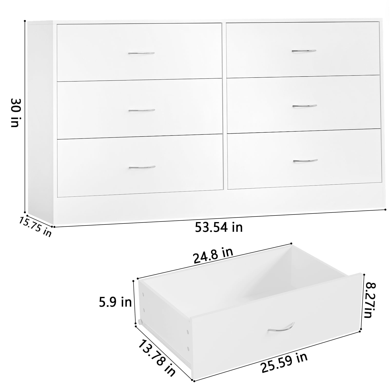 Fenbeli Modern 6 Drawer Dresser for Bedroom, White Drawer Dresser with Metal Handles, Storage Chest for Bedroom, Living Room, Office