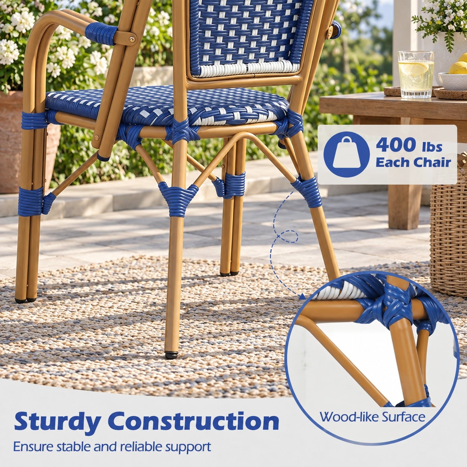 Fenbeli Hand-Woven PE Wicker Outdoor French Bistro Chairs Set of 2, Chair 400 lbs Capacity, PE Rattan Galvanized Metal Frame, Blue