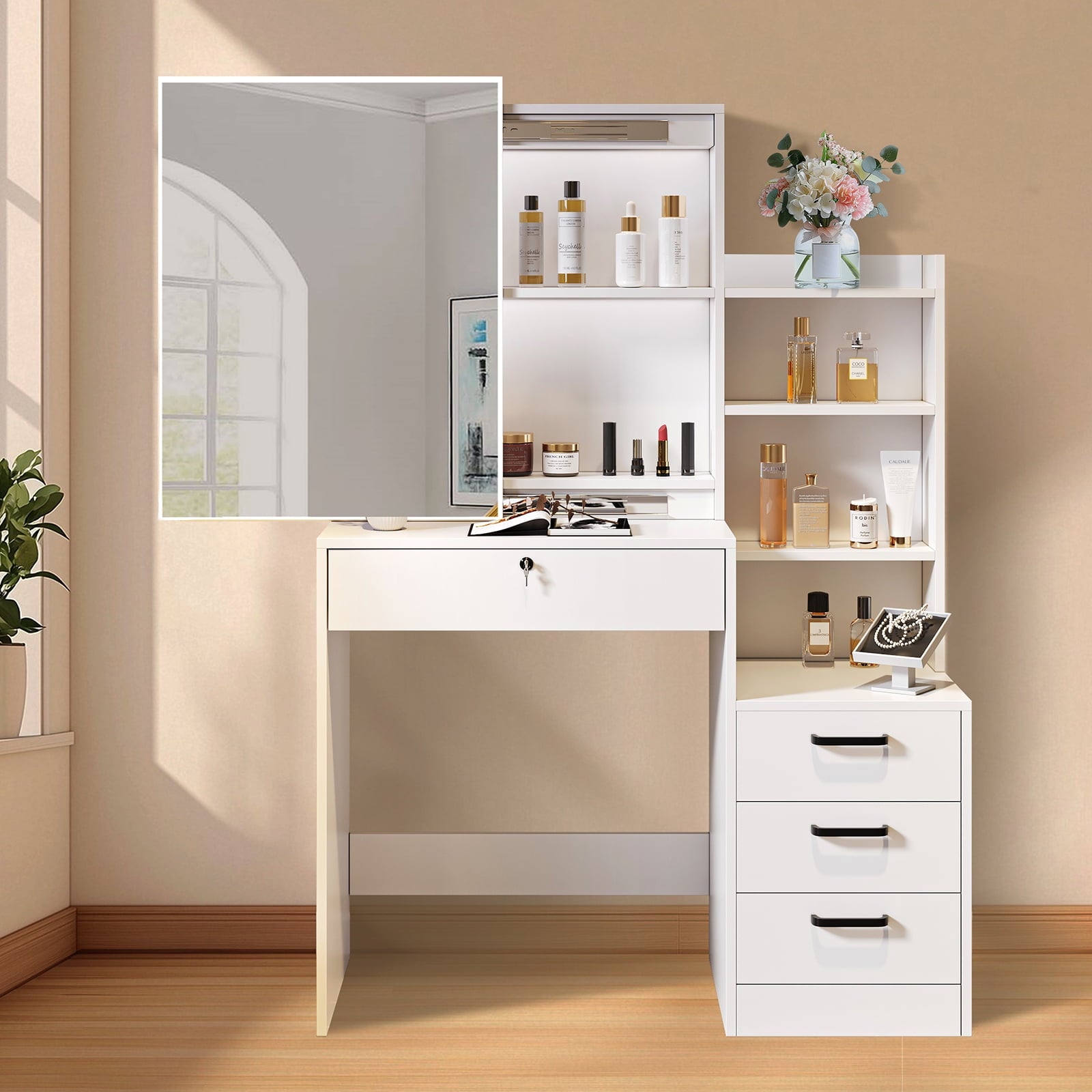 Fenbeli Adjustable Mirror Vanity Set Makeup Vanity with 4 Drawers Vanity Desk for Girls Women White