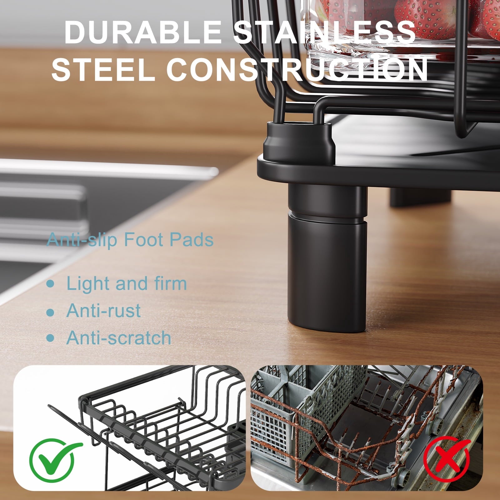 Fenbeli 2-Tier Dish Drying Rack,Dish Rack with Cutlery and Utensil Holders for Kitchen Counter,Black