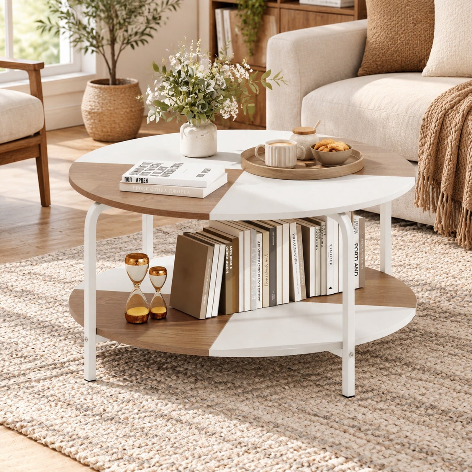 Fenbeli 2-Tier Round Coffee Table Metal Frame with Storage Shelf-Natural and White, 220 lbs Capacity, Engineered Wood Metal Frame, Coffee