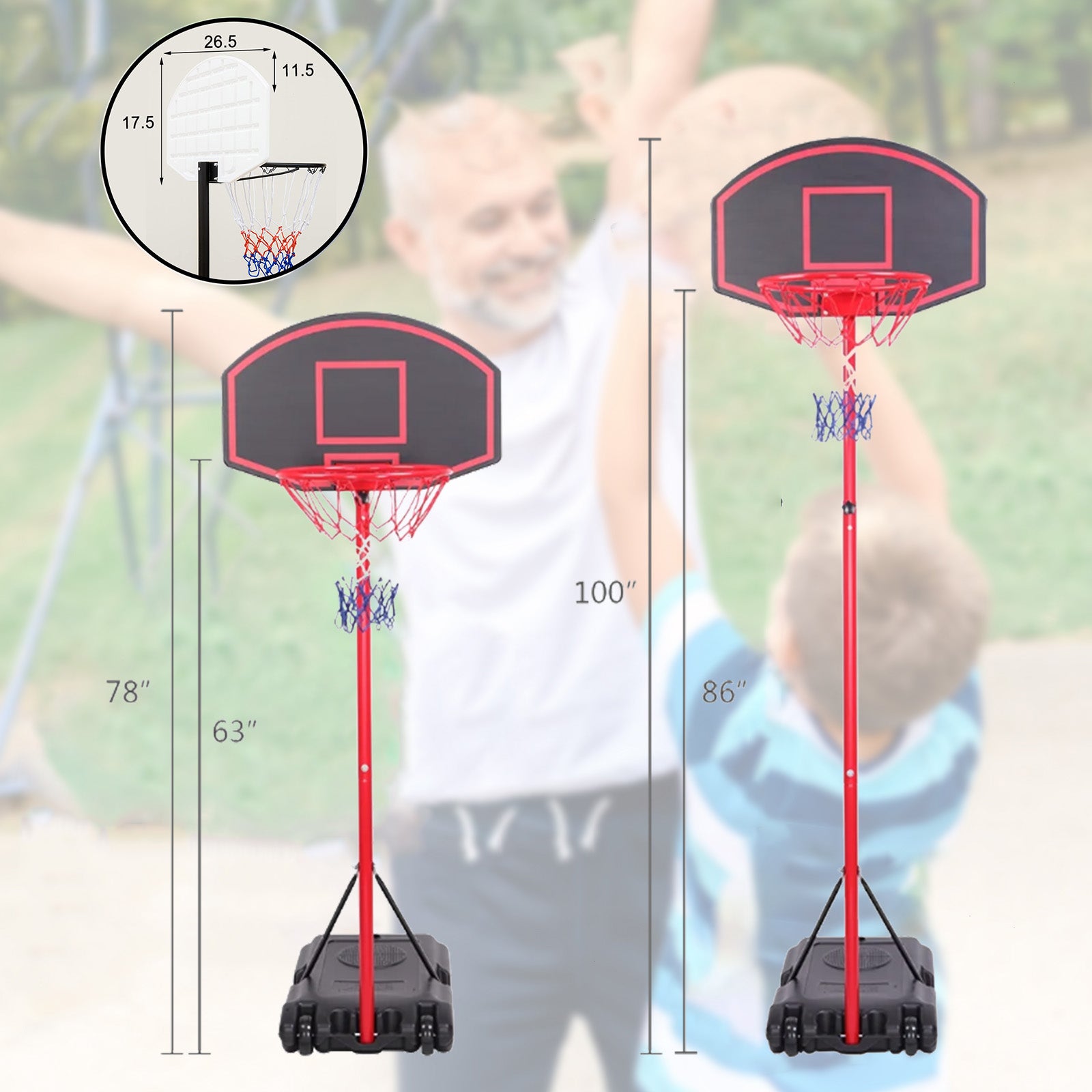 Fenbeli Portable Basketball Hoop & Goal System for Outdoor Indoor Court 5.2 - 7 ft. Easy Height Adjustable with HDPE Plastic Impact
