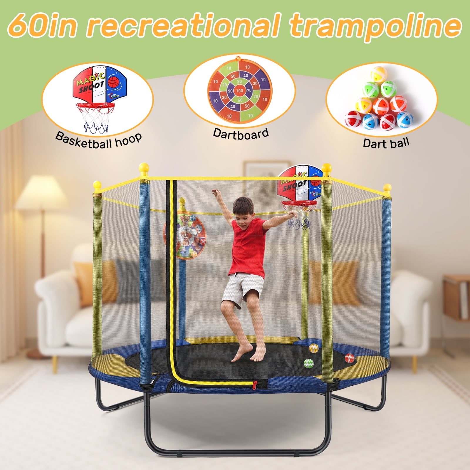 Fenbeli 60in Kids Trampoline with Safety Net, Basketball Hoop Dartboard, Indoor Outdoor Toddler Trampoline for Ages 1-8