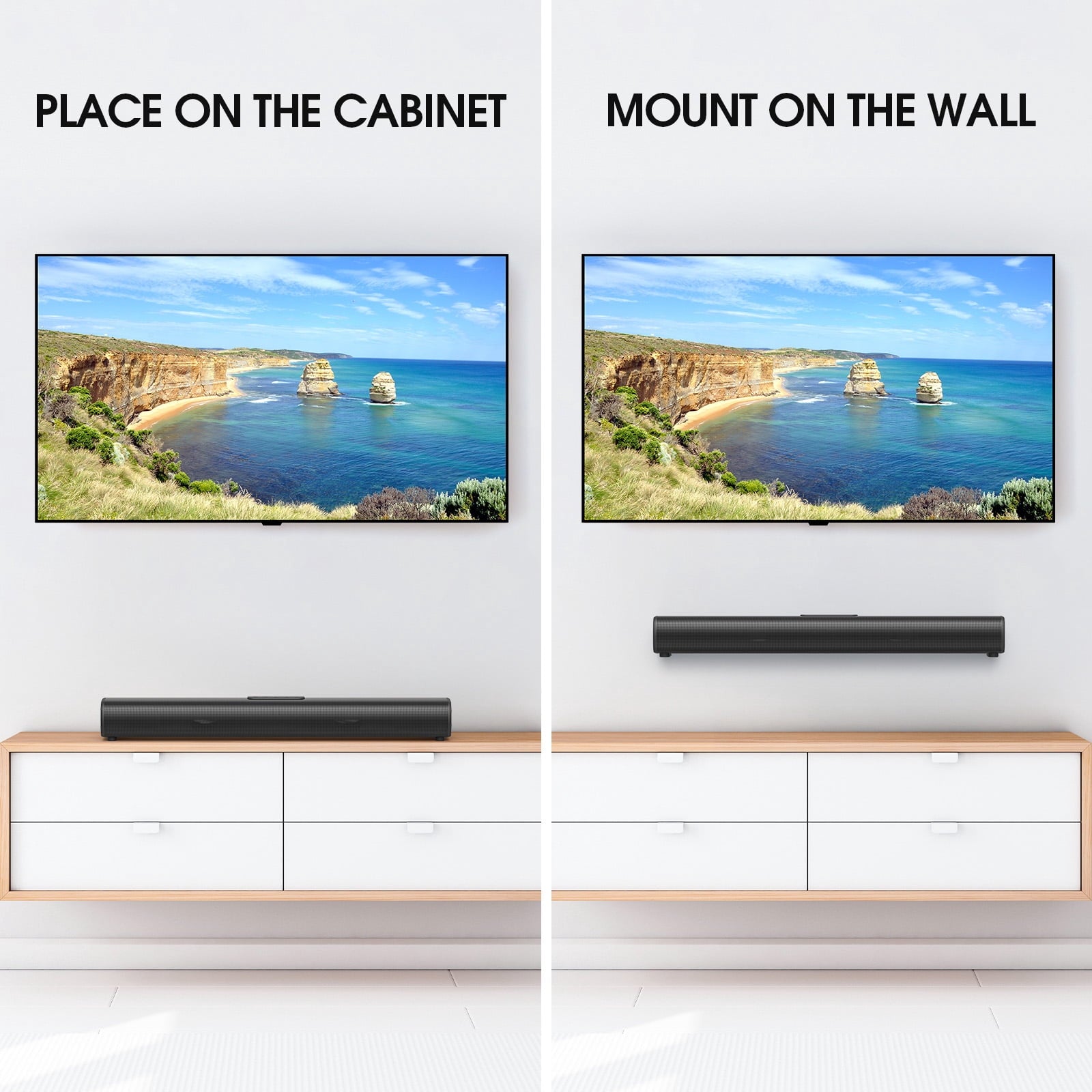 Fenbeli 50W Sound Bars for TV, 3D Surround Sound System with Built-in Subwoofer, Home TV Speakers SoundBar, Optical, RCA, USB AUX Wall Mountable, Black