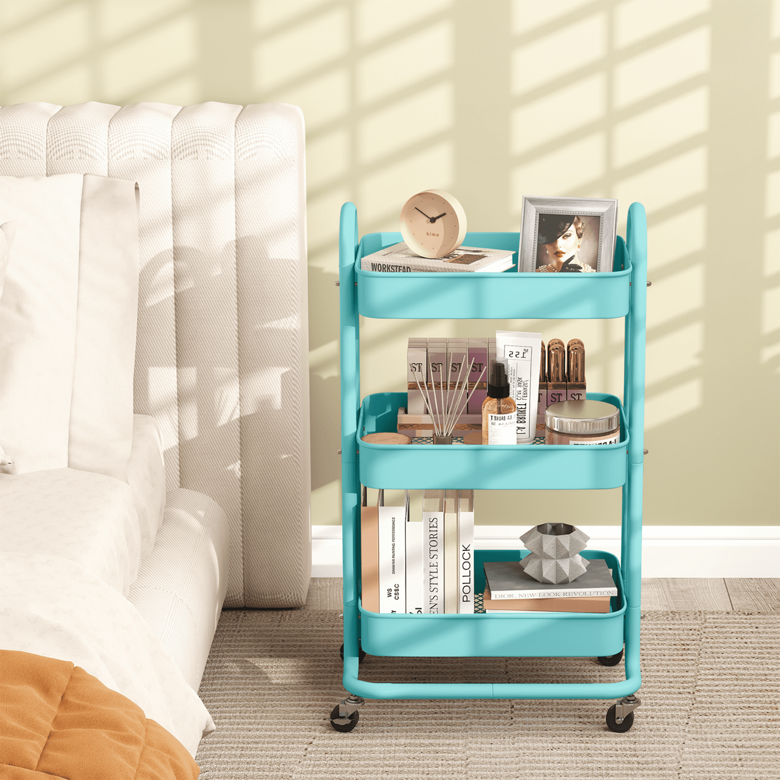 Fenbeli 3-Tier Metal Rolling Utility Cart with Wheels, blue, 18L x 13.4W x 31H