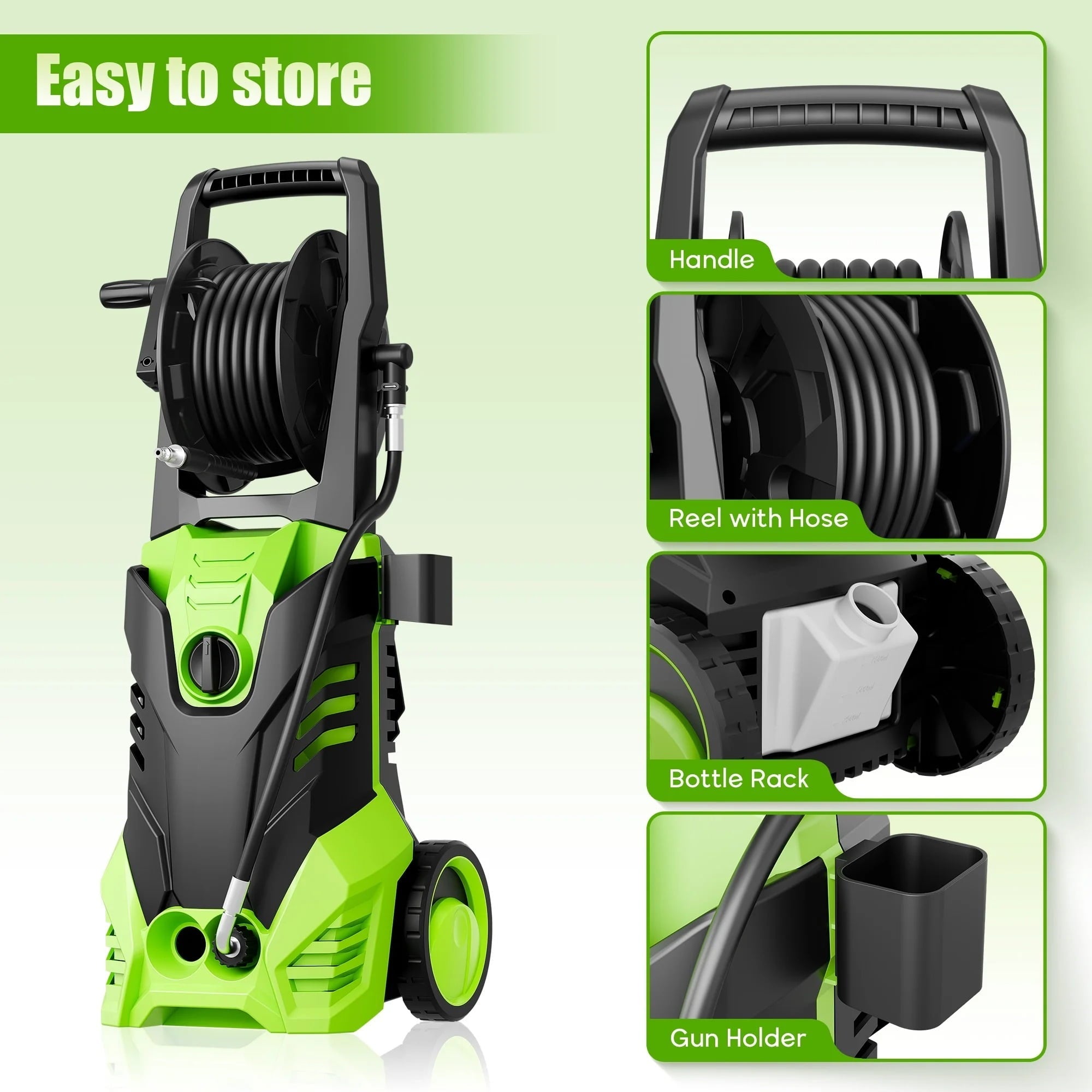 Electric Pressure Washer, 3800PSI 2.6 GPM Power Washer Machine with Hose Reel,4 Quick Connect Nozzles, Foam Cannon, for Cars, Patios, and Floor Cleaning,Green