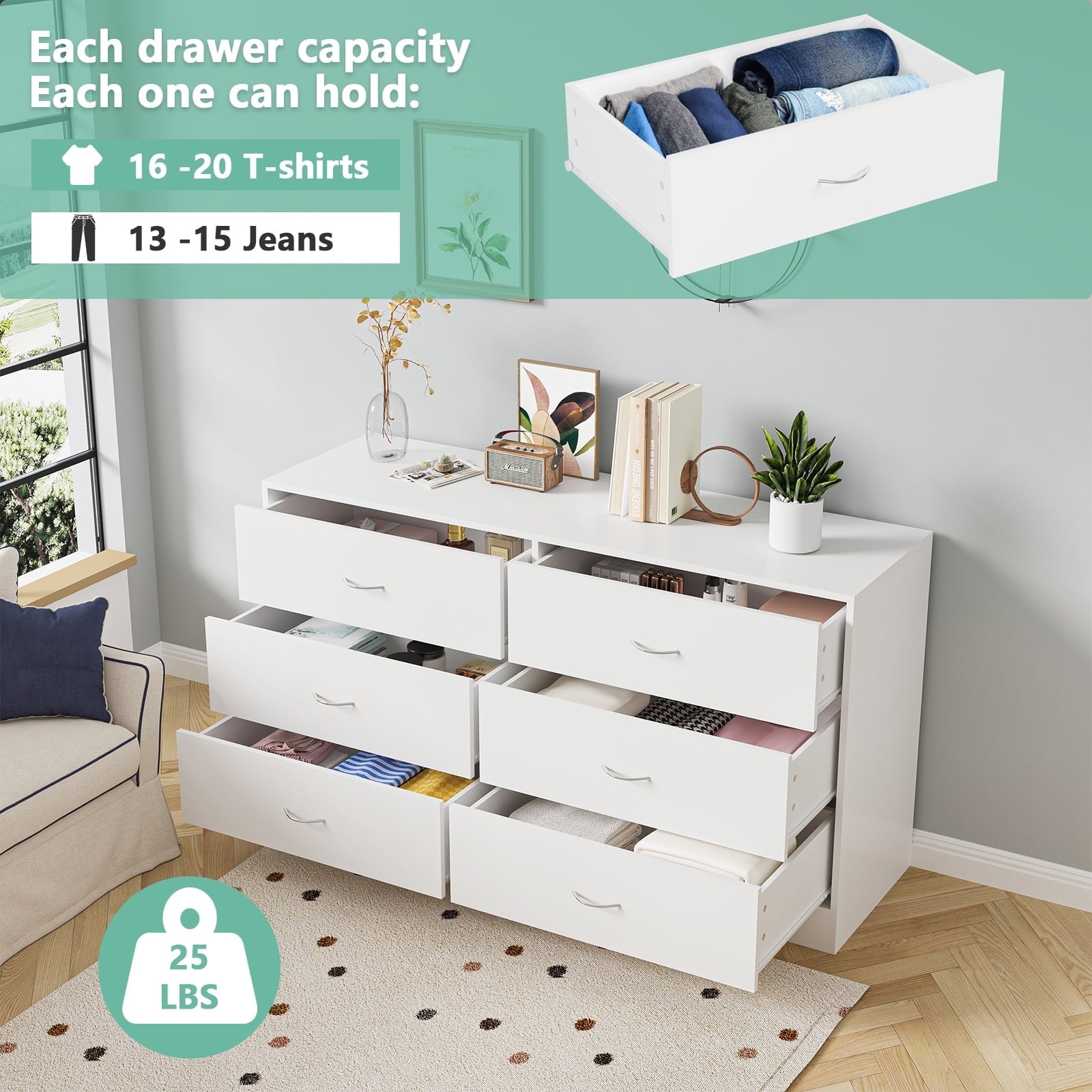 Fenbeli Modern 6 Drawer Dresser for Bedroom, White Drawer Dresser with Metal Handles, Storage Chest for Bedroom, Living Room, Office