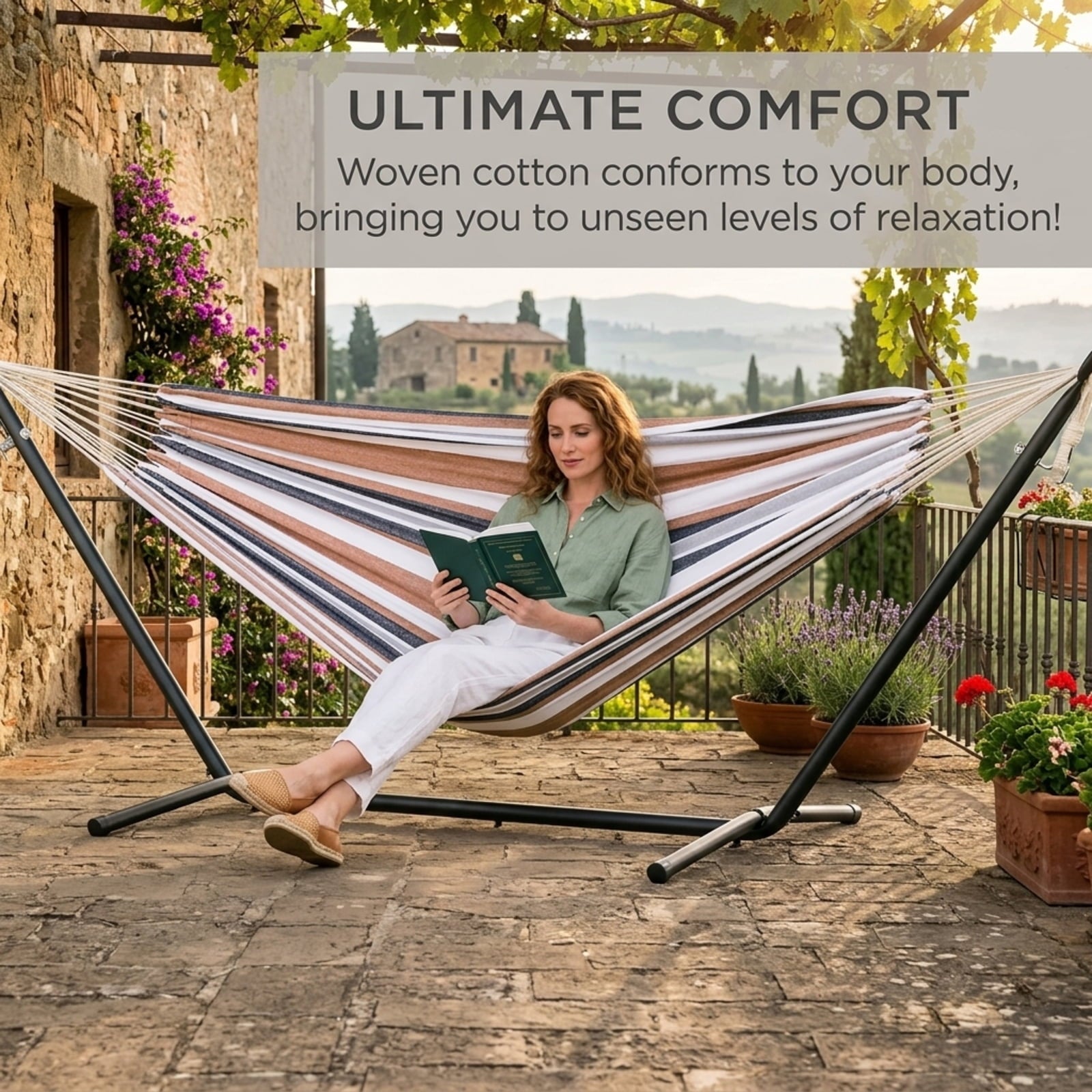 Fenbeli Double Camping Hammock with Stand 2 Person Portable Hammock Bed with Steel Frame and Carry Bag for Backyard Patio Outdoor Poolside, Yellow