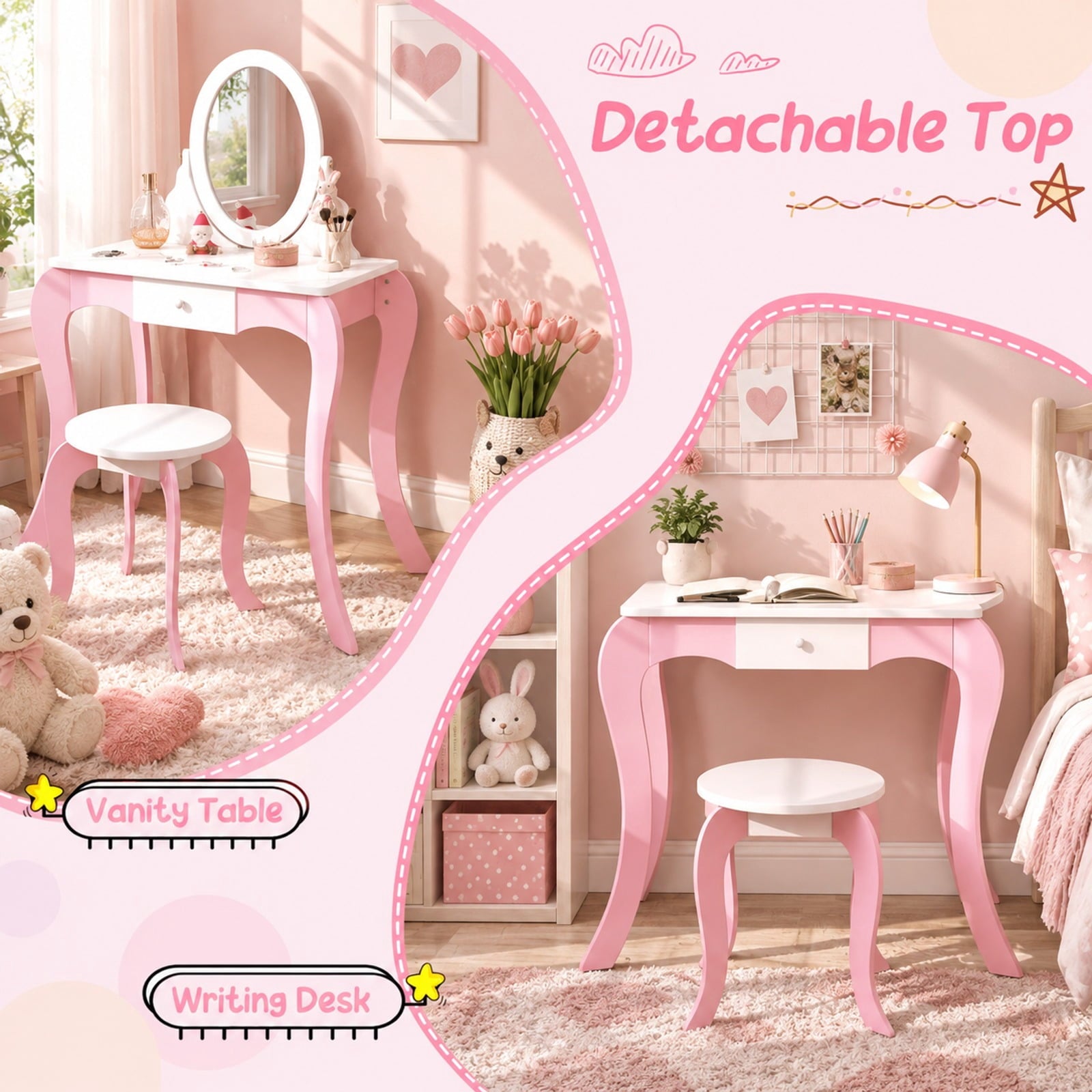 Fenbeli Pretend Kids Vanity Set with 360° Rotatable Mirror and Play Accessories, 66 lbs Capacity, MDF Acrylic Frame, 24 x 13.5 x 40 Footprint