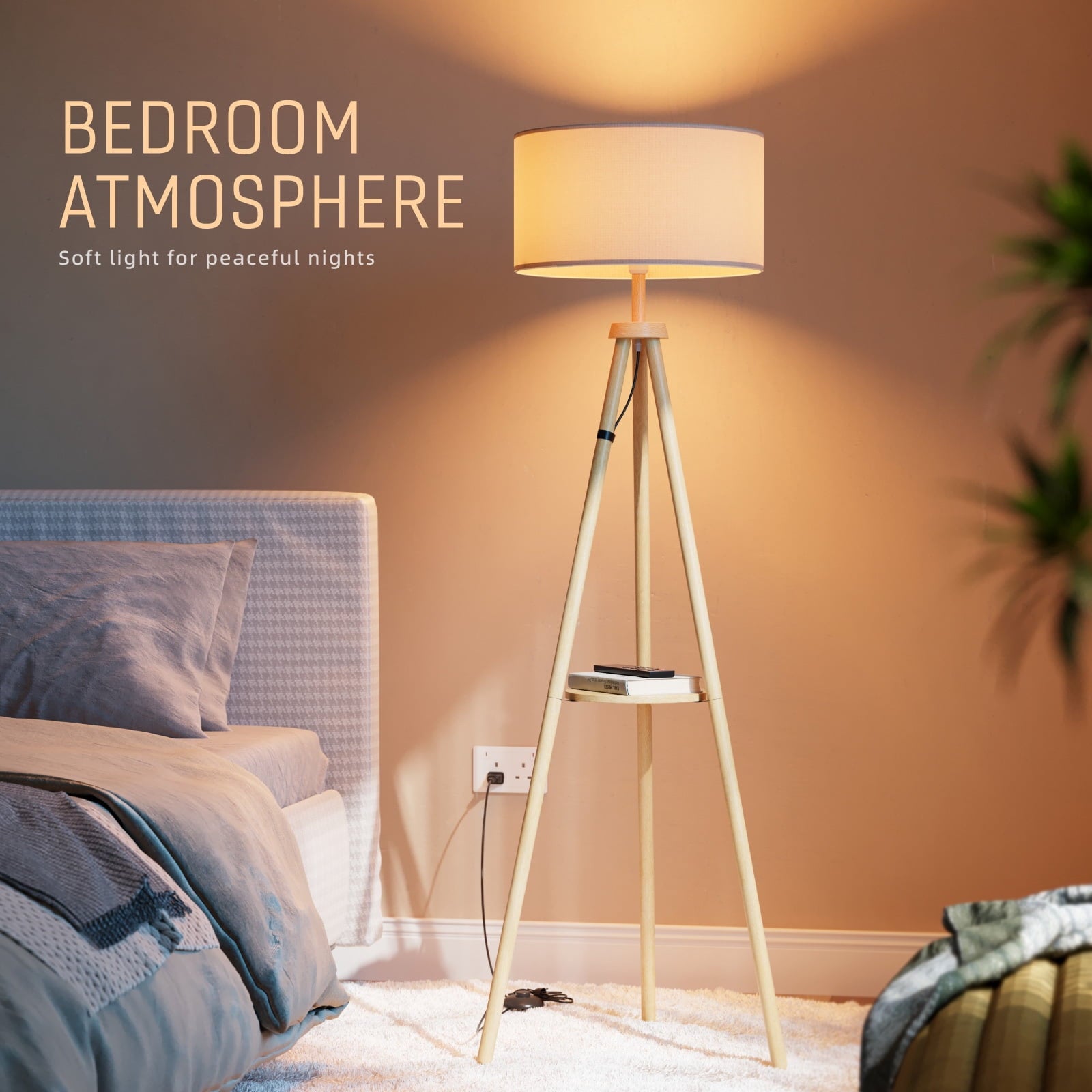 Fenbeli Tripod Floor Lamp with Shelf, 59 Wood Standing Lamp with Remote and APP, Dimmable 3 Color Temperature RGB LED Bulb Included, Linen Shade for Living Room Bedroom, Natural
