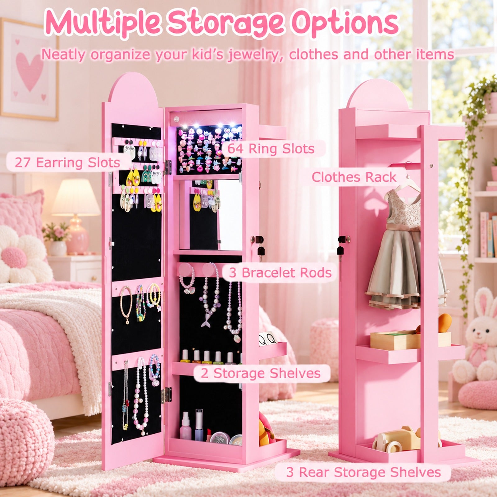 Fenbeli 3 In 1 Kids Jewelry Cabinet Freestanding Jewelry Armoire with 3-Color Lighted Mirror, MDF Glass Acrylic Frame, Pink
