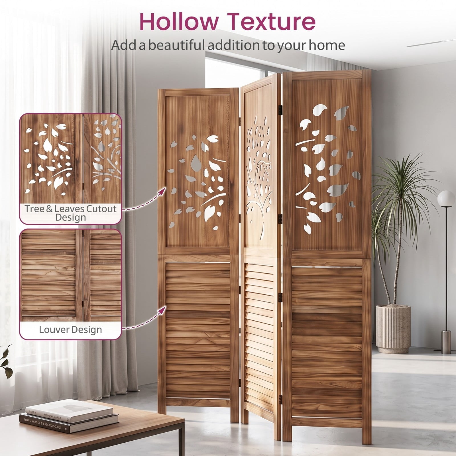 Fenbeli 67 Inch Folding Room Divider 3 Panel Freestanding Privacy Screen with Tree Cutout and Louver Design, Paulownia Wood Partition for, White and Rustic Brown