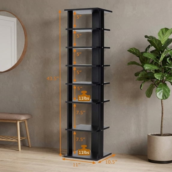 Furnibear 7-Tier Vertical Wooden Shoe Rack, Tall Slim Corner Shoe Tower for Narrow Spaces, Space-Saving Storage Organizer for Entryway and Bedroom, Black