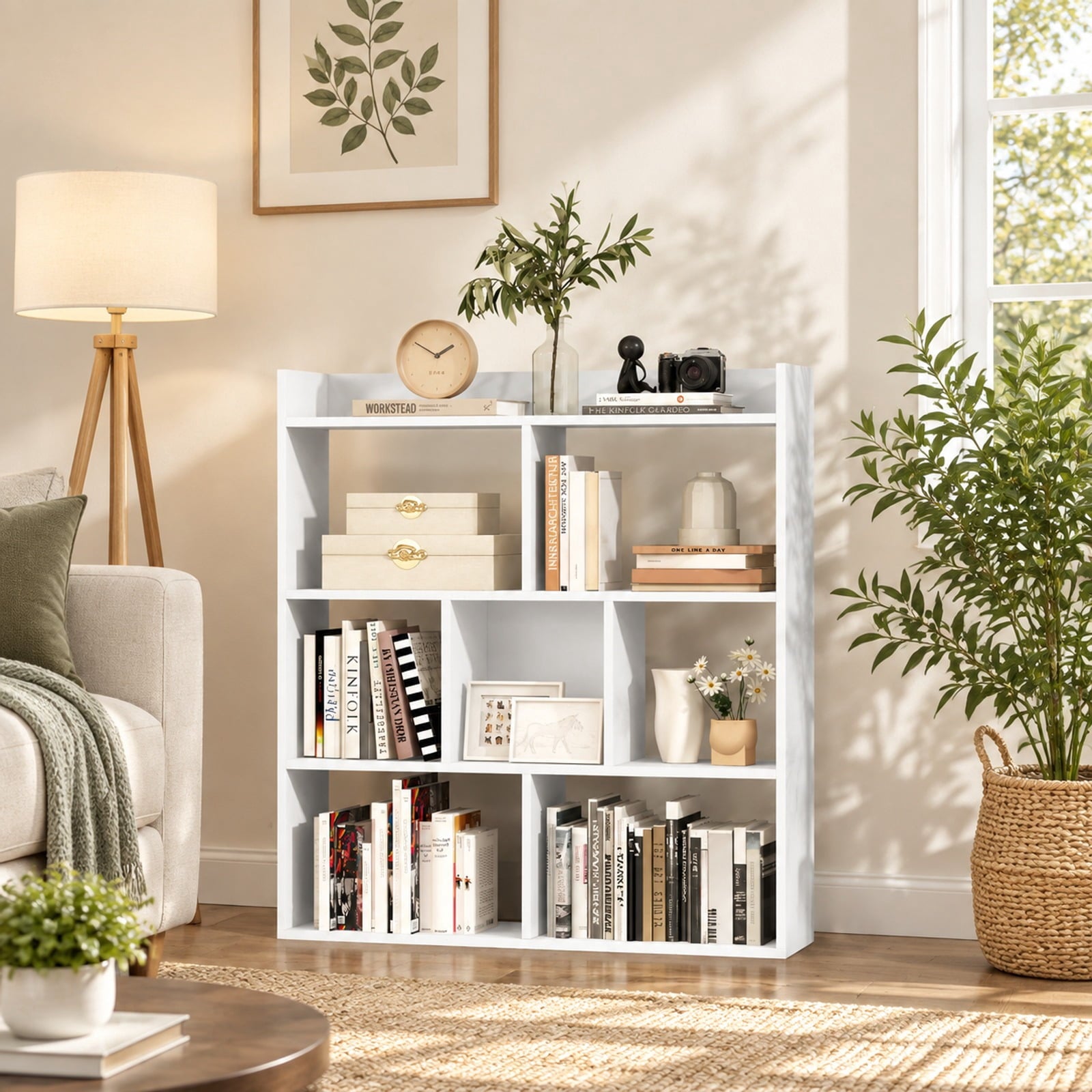 Fenbeli 7 Cubes Open-back Bookshelf with Anti-Toppling Devices, 88 lbs Capacity, 31.5 x 8 x 35.5 Footprint, White