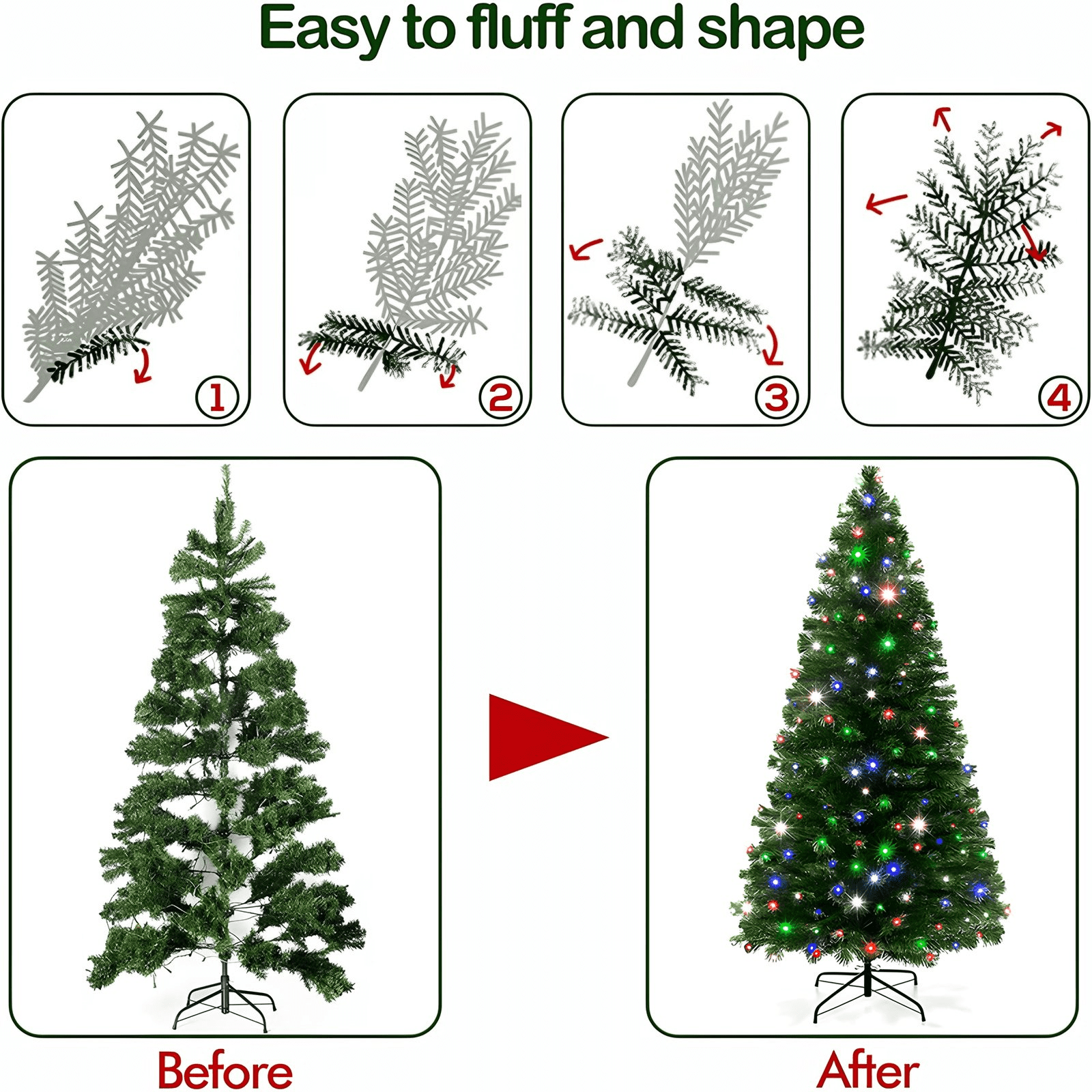 Fenbeli 6ft Pre-Lit Artificial Christmas Tree with 250 Multicolored LED Lights, Indoor Outdoor Green