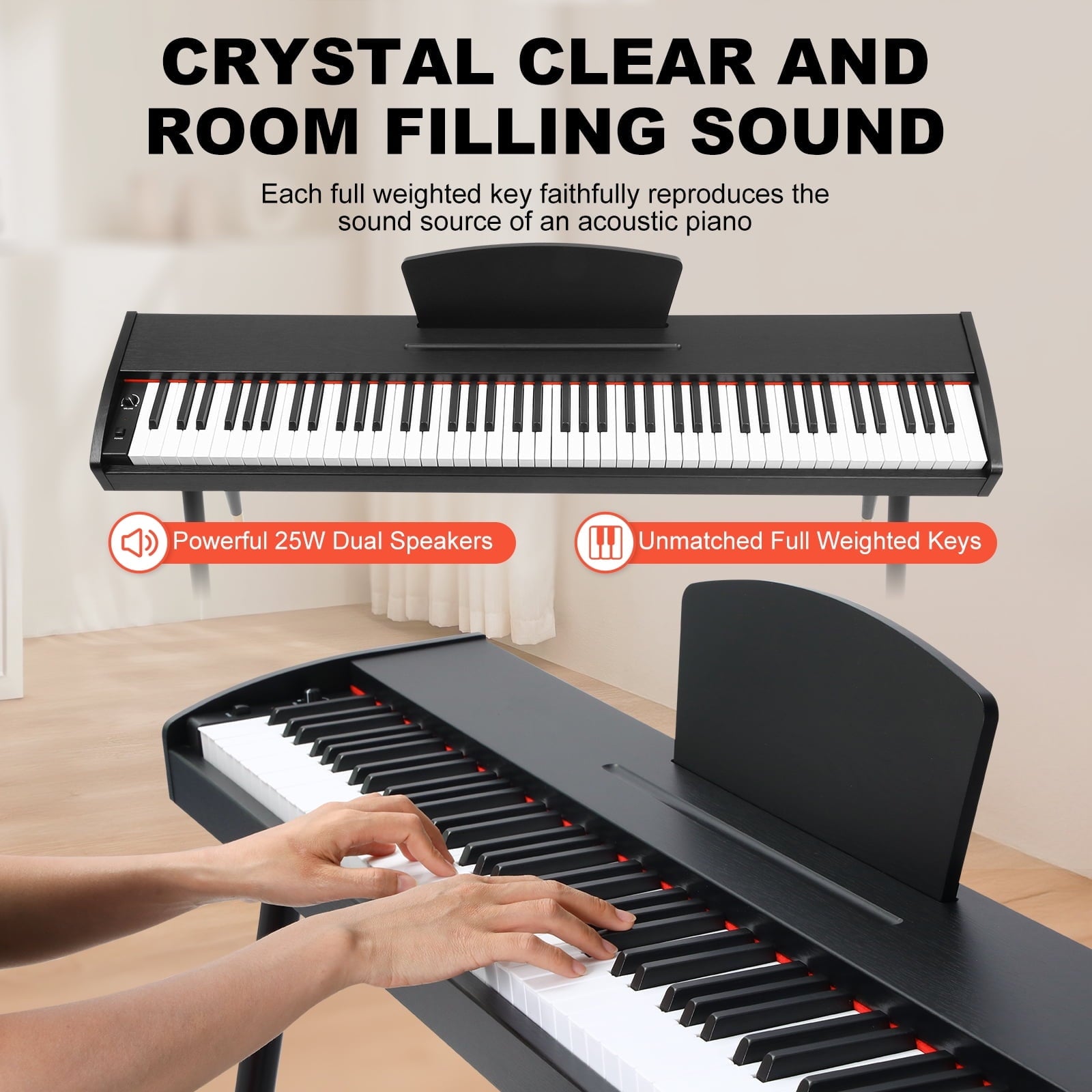 Fenbeli 88 Key Digital Piano Keyboard Full-Size Semi-Weighted Electric Piano with Sustain Pedal, Music Rest, Black