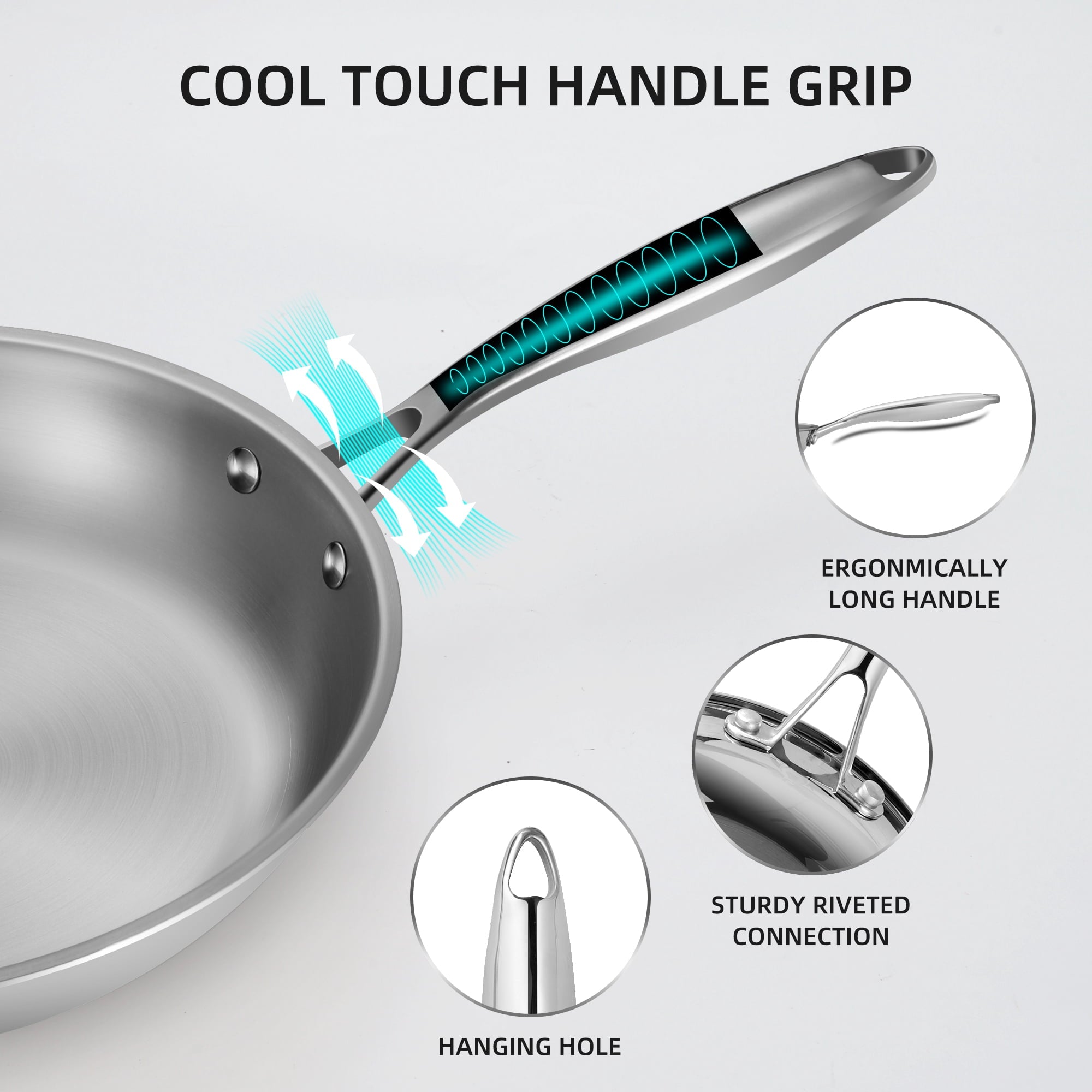 Fenbeli 2 Pcs 3 Ply Stainless Steel Fry Pans Nonstick with Premium Magnetic Stainless Exterior, Aluminum Core
