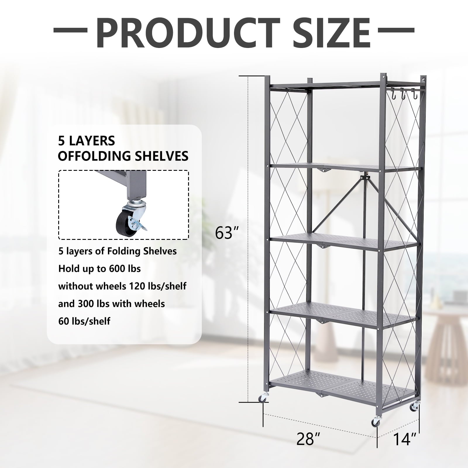 Fenbeli 5-Tier Storage Shelving Unit, Metal Shelf, Foldable Storage Shelf with Wheels, Garage Shelf, Metal Storage Rack with 3 Hooks