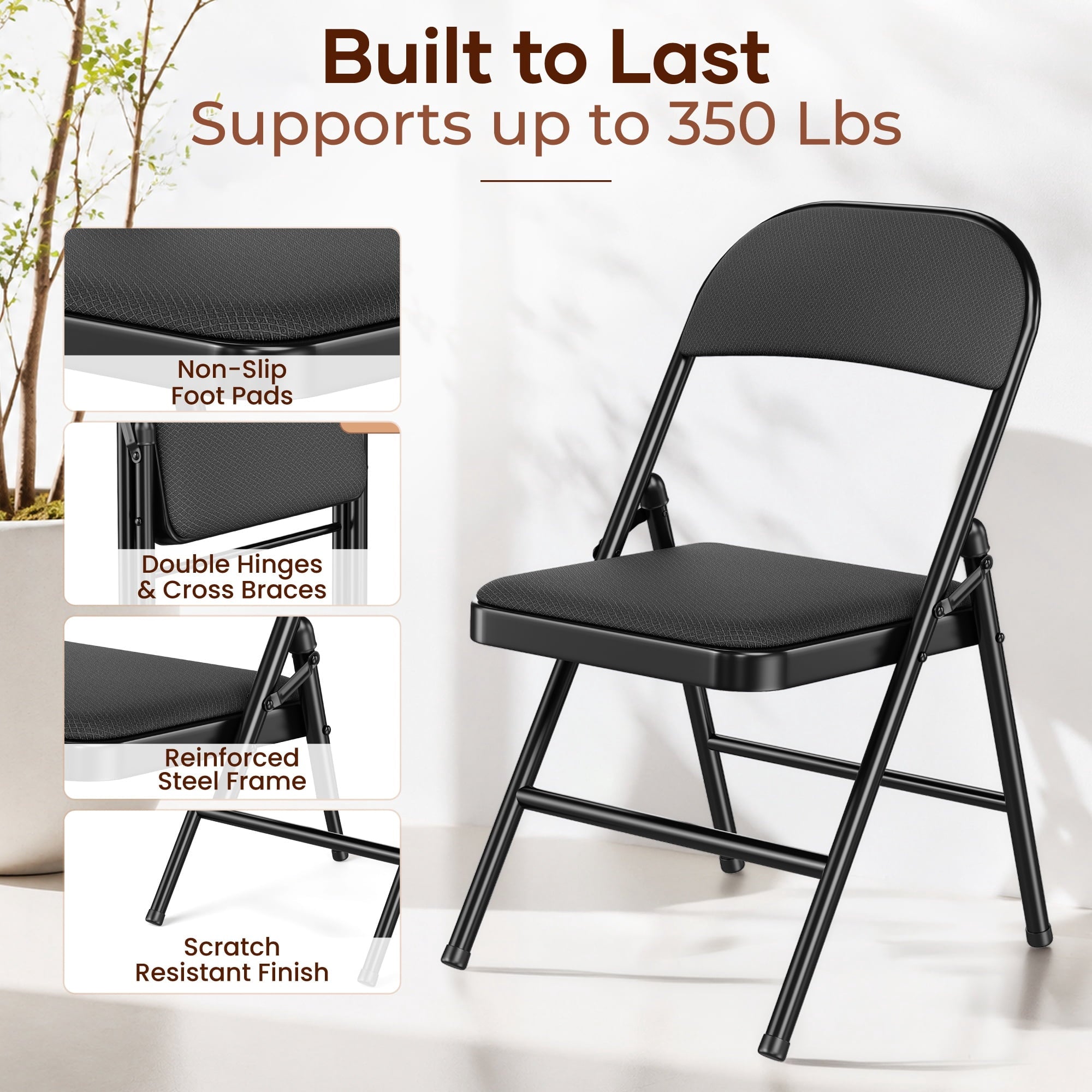 Fenbeli 4 Pack Folding Chairs Comfortable Folding Chair Set for Events, Meetings, and Everyday Use, Black