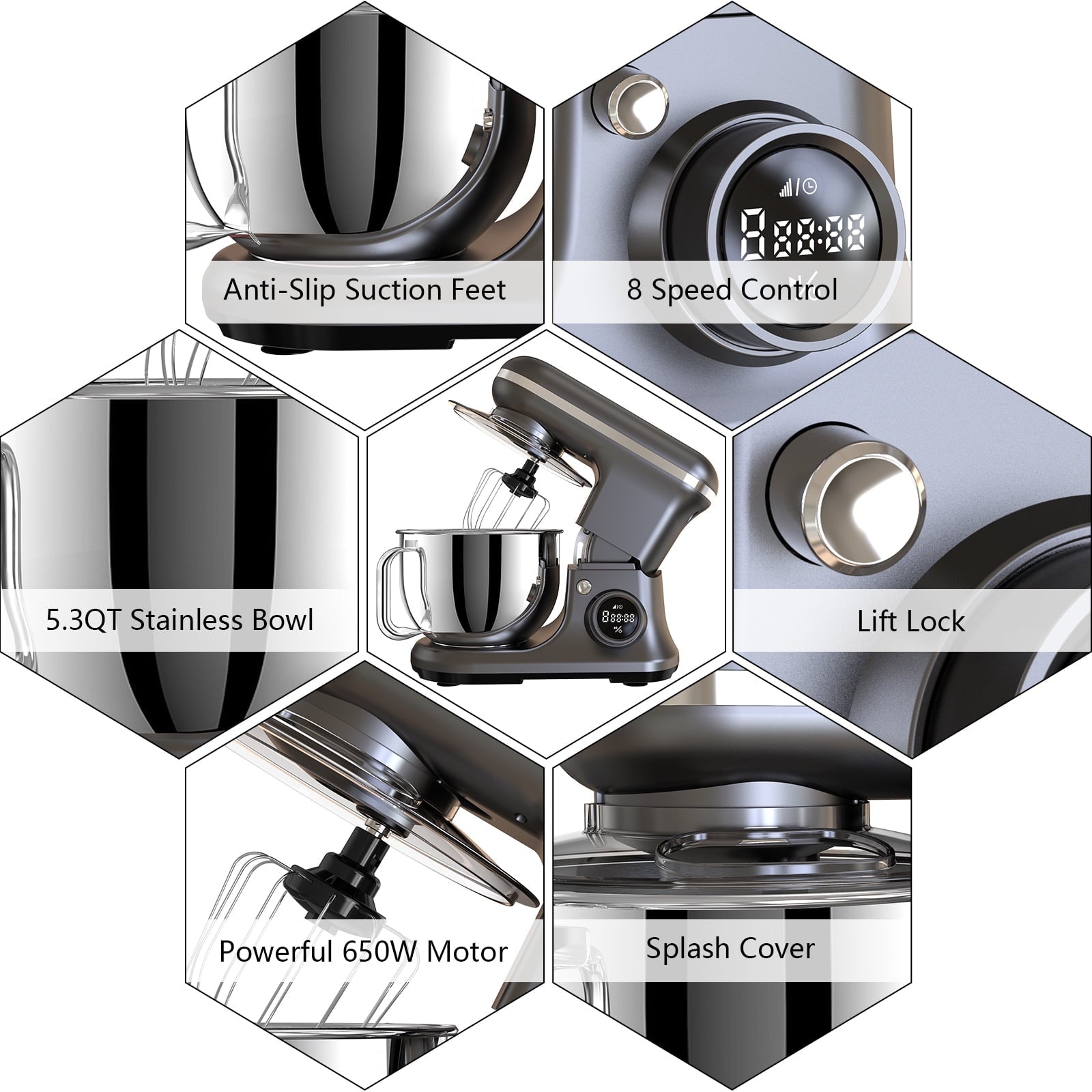 Fenbeli 5.3Qt Stand Mixer,650 W 8 Speeds Kitchen Electric Food Mixer for Daily Use with Egg Whisk,Dough Hook,Flat Beater,Black