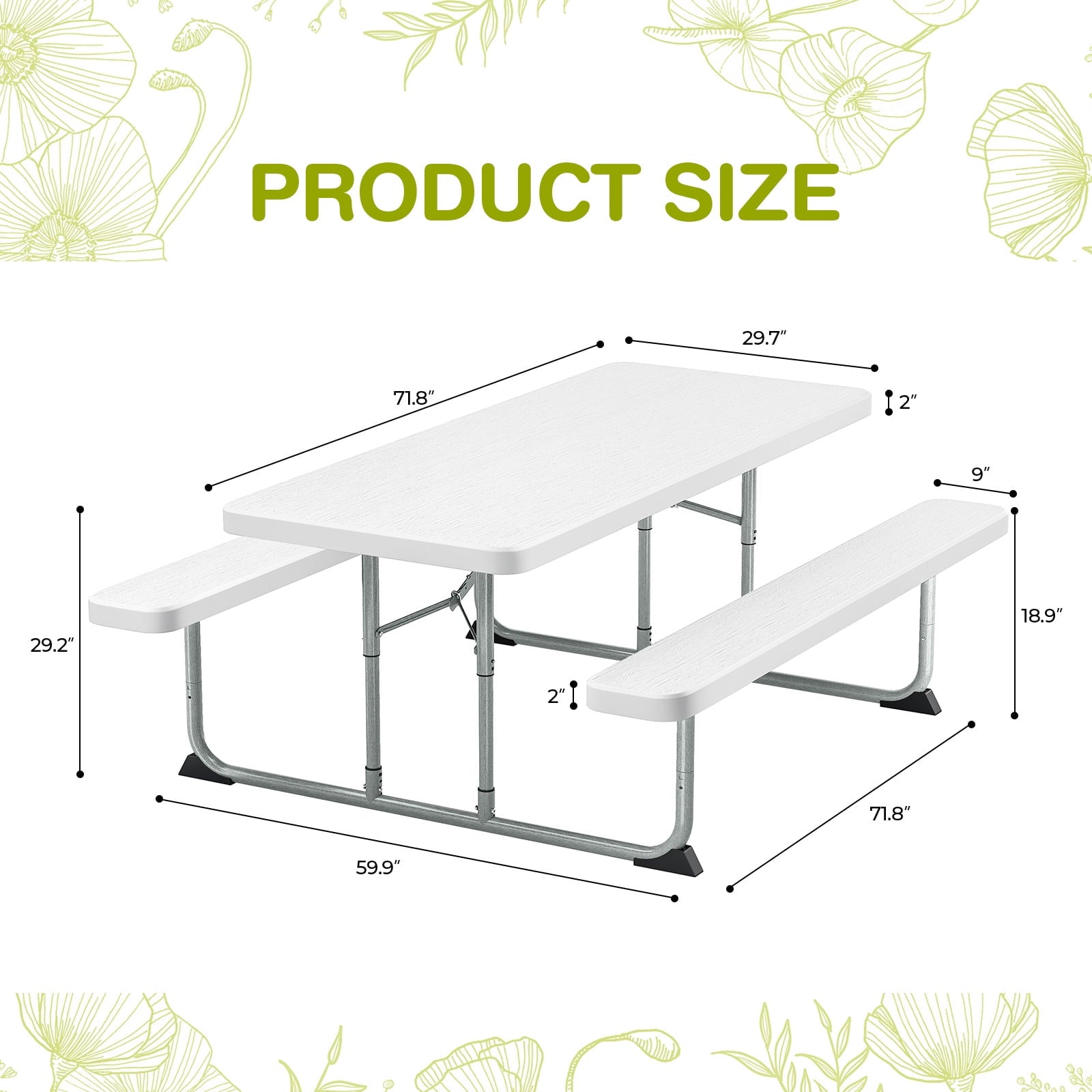 Fenbeli Folding Picnic Table Set 6ft Outdoor Picnic Table with Benches for Camping, BBQ, and Patio Use, White
