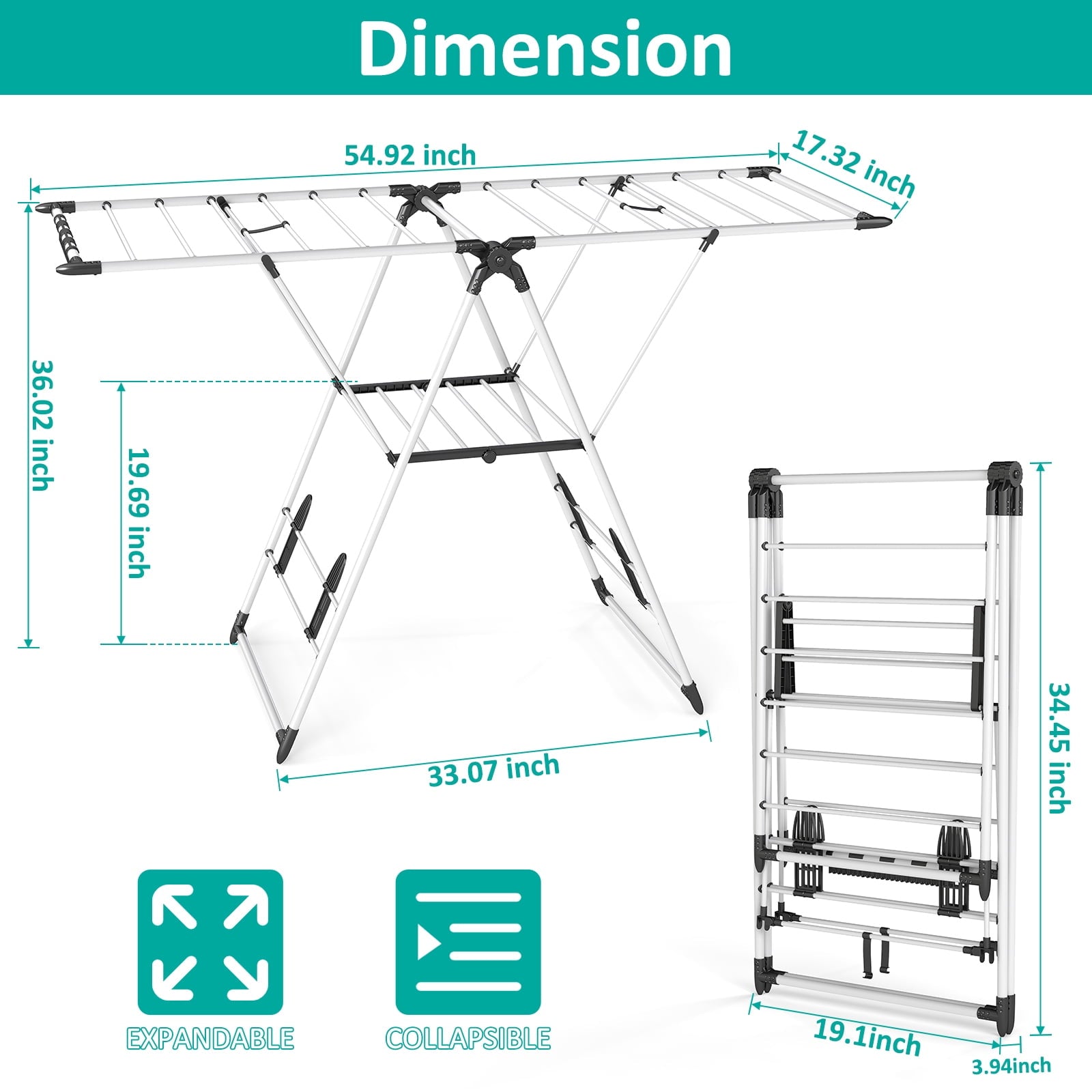 Fenbeli Foldable Clothes Drying Rack, 2-Tier 66 lbs Capacity, Rustproof Steel Laundry Rack for Indoor and Outdoor, White