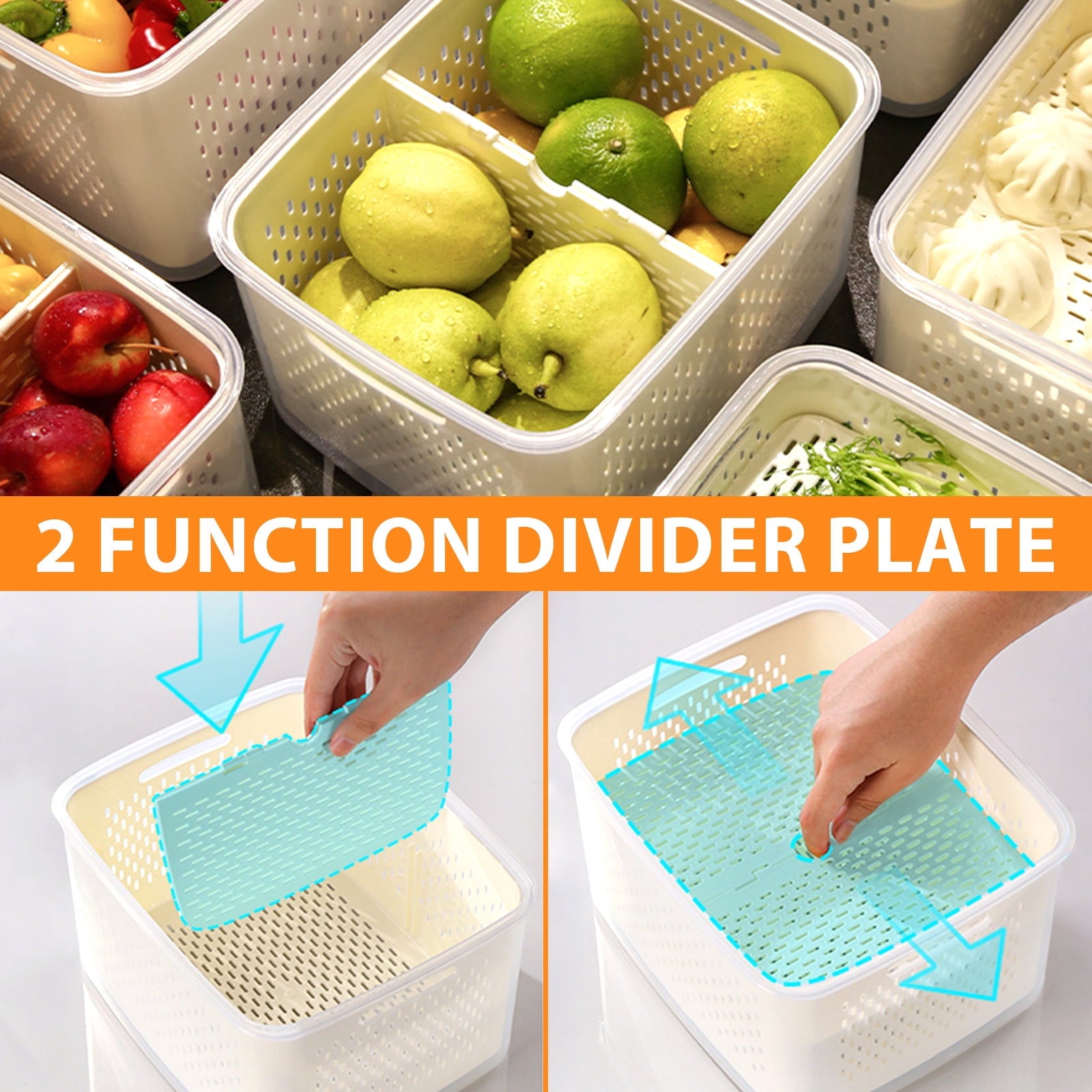Fenbeli Fruit Vegetable Storage Containers for Fridge, 6 Pack Produce Saver with Lids and Removable Colander, BPA-Free Airtight Fresh Keeper with Adjustable Vent and Divider, Refrigerator Organizer Set