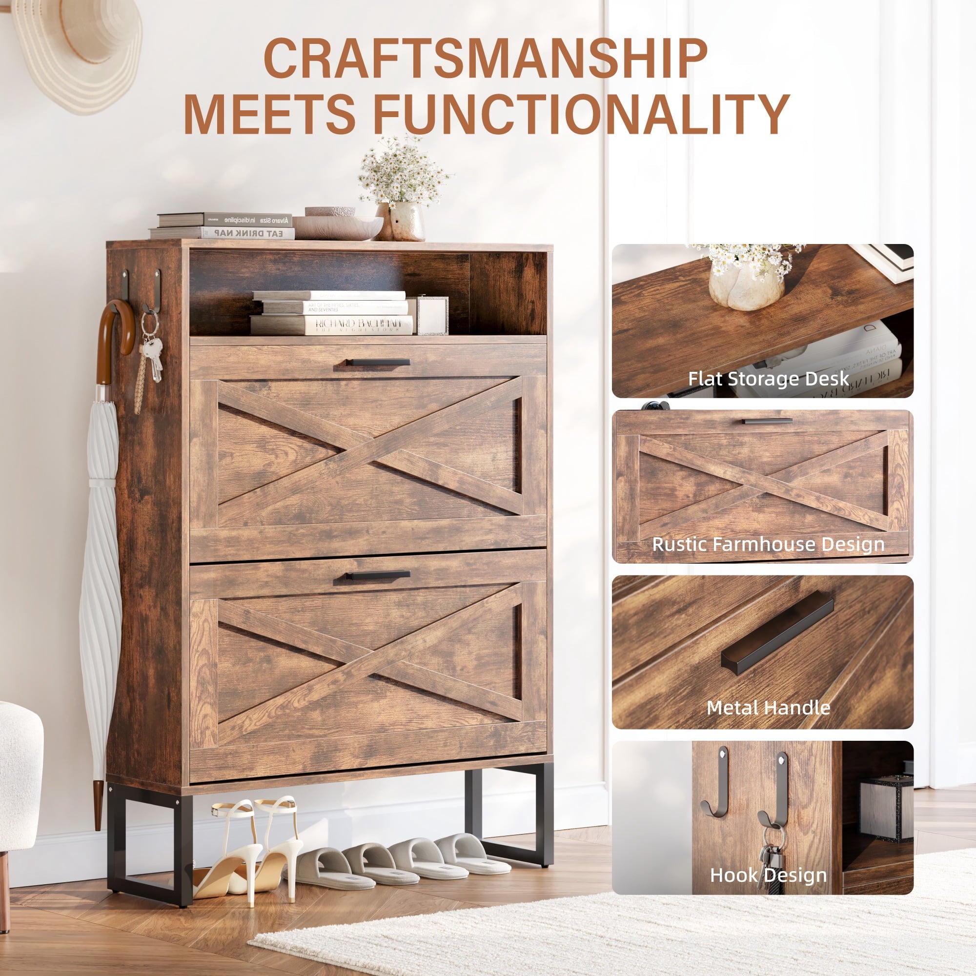 Furnibear Shoe Cabinet with Flip Door Shoe Storage and Adjustable Shelves for Entryway and Closet, Burnt Wood