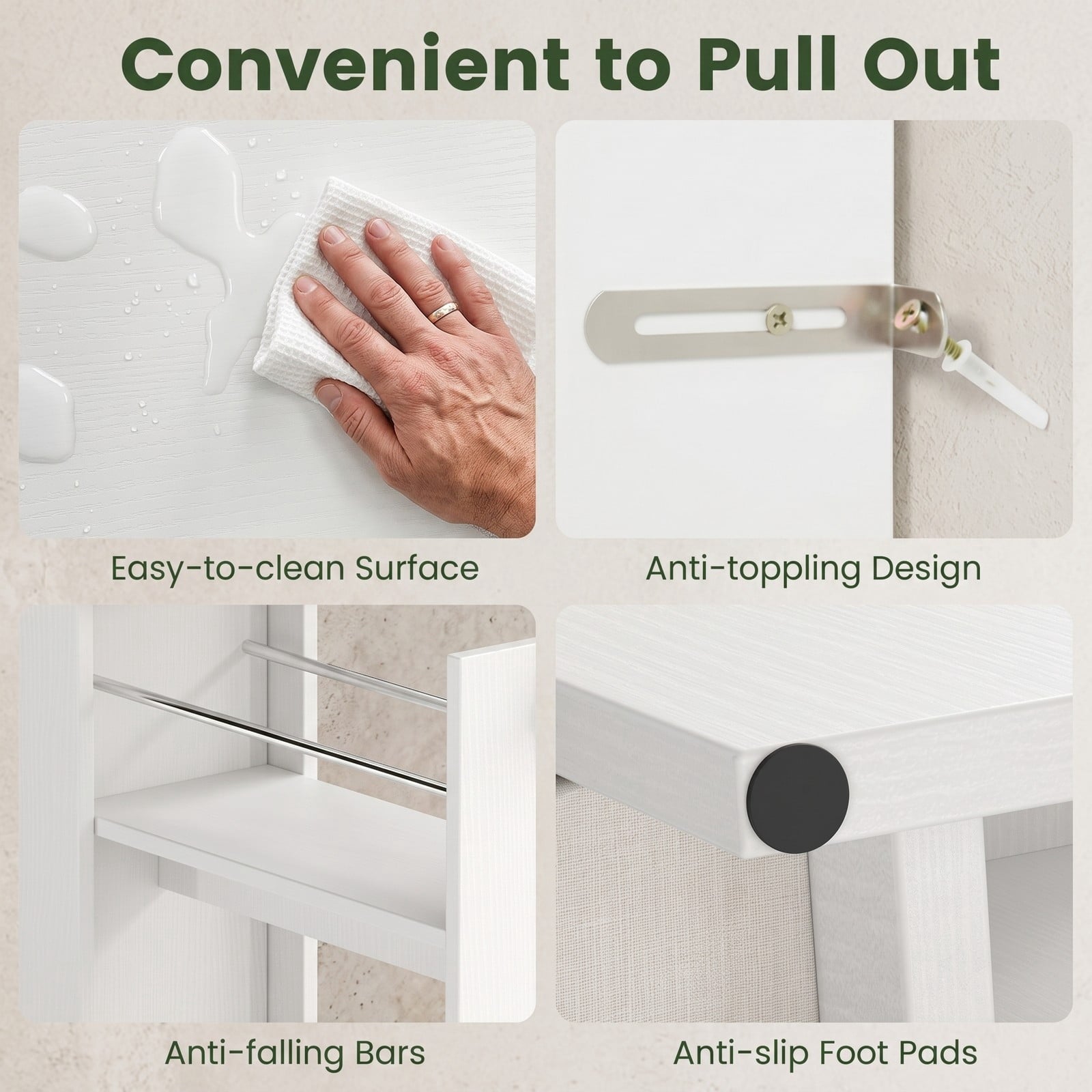 Fenbeli Small Bathroom Storage Cabinet, 4-Tier Narrow Slim Organizer with 3 Slide Out Drawers on Casters, Freestanding Rolling Storage Tower for Bathroom, White