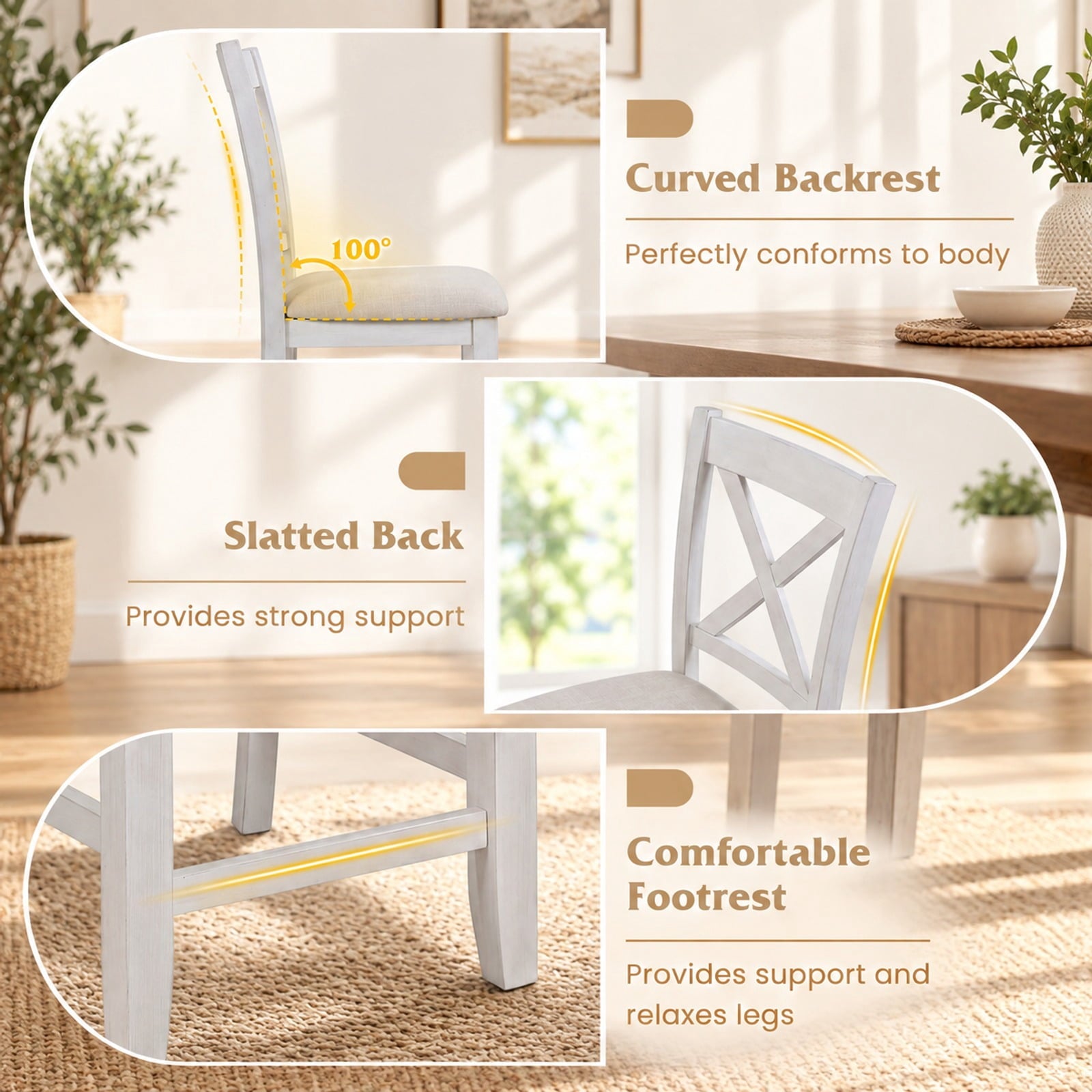Fenbeli Modern Farmhouse Counter Height Stools with Footrest and Cushion, 330 lbs Capacity, Rubber MDF Linen Sponge Frame, White