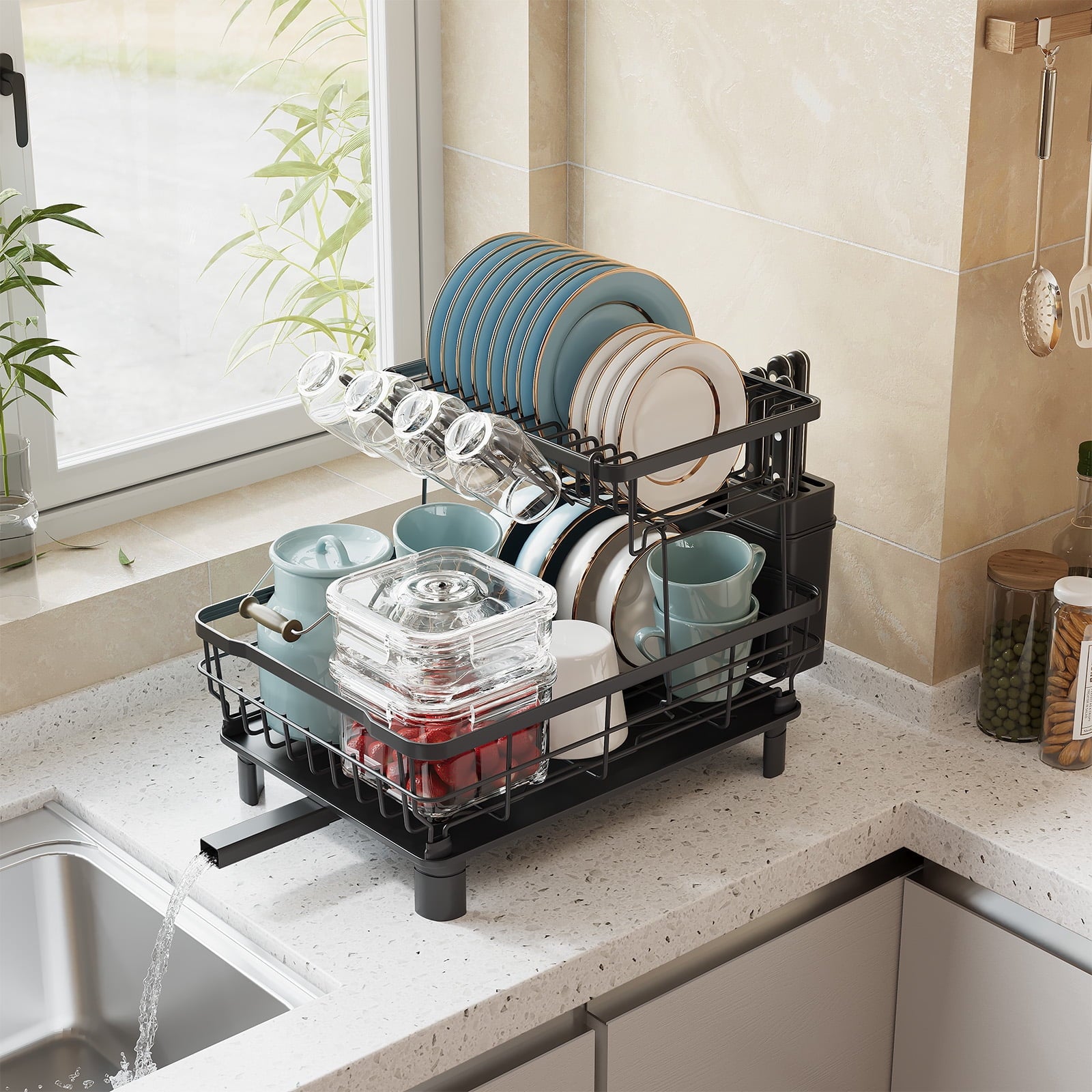 Fenbeli 2-Tier Dish Drying Rack,Dish Rack with Cutlery and Utensil Holders for Kitchen Counter,Black