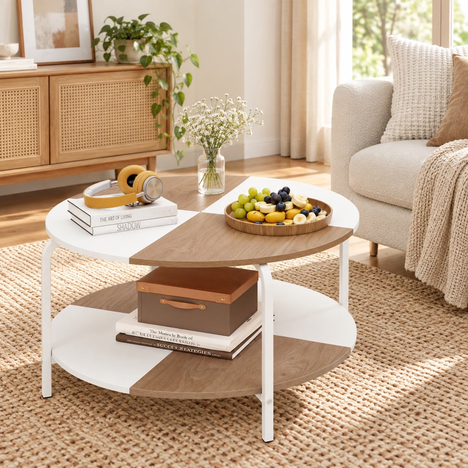 Fenbeli 2-Tier Round Coffee Table Metal Frame with Storage Shelf-Natural and White, 220 lbs Capacity, Engineered Wood Metal Frame, Coffee