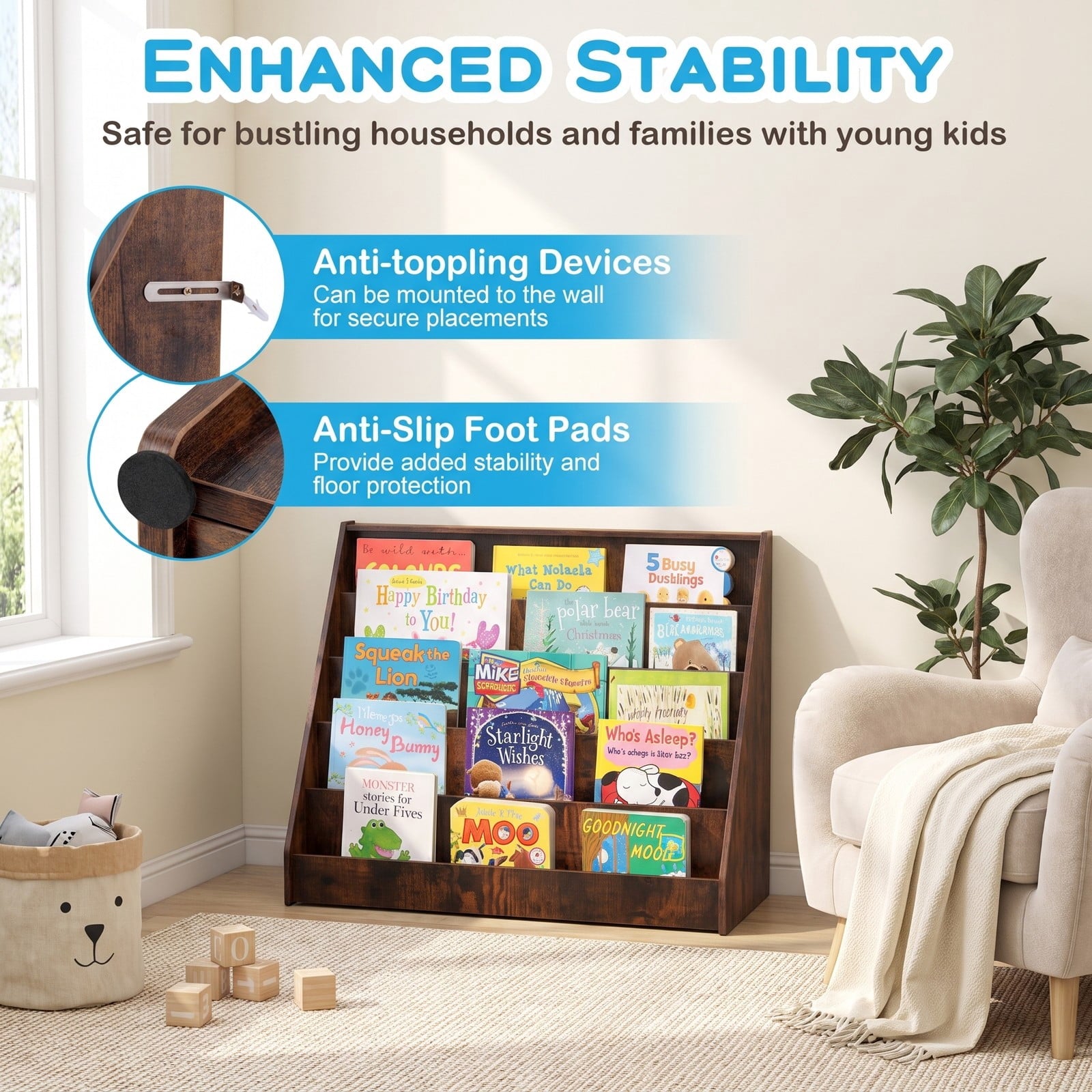 Fenbeli 5-Tier Kids Bookshelf with Deep Compartments and Stable Baby Book Case, Engineered Wood Frame, for 3+, 36 x 15 x 30 Footprint, Brown