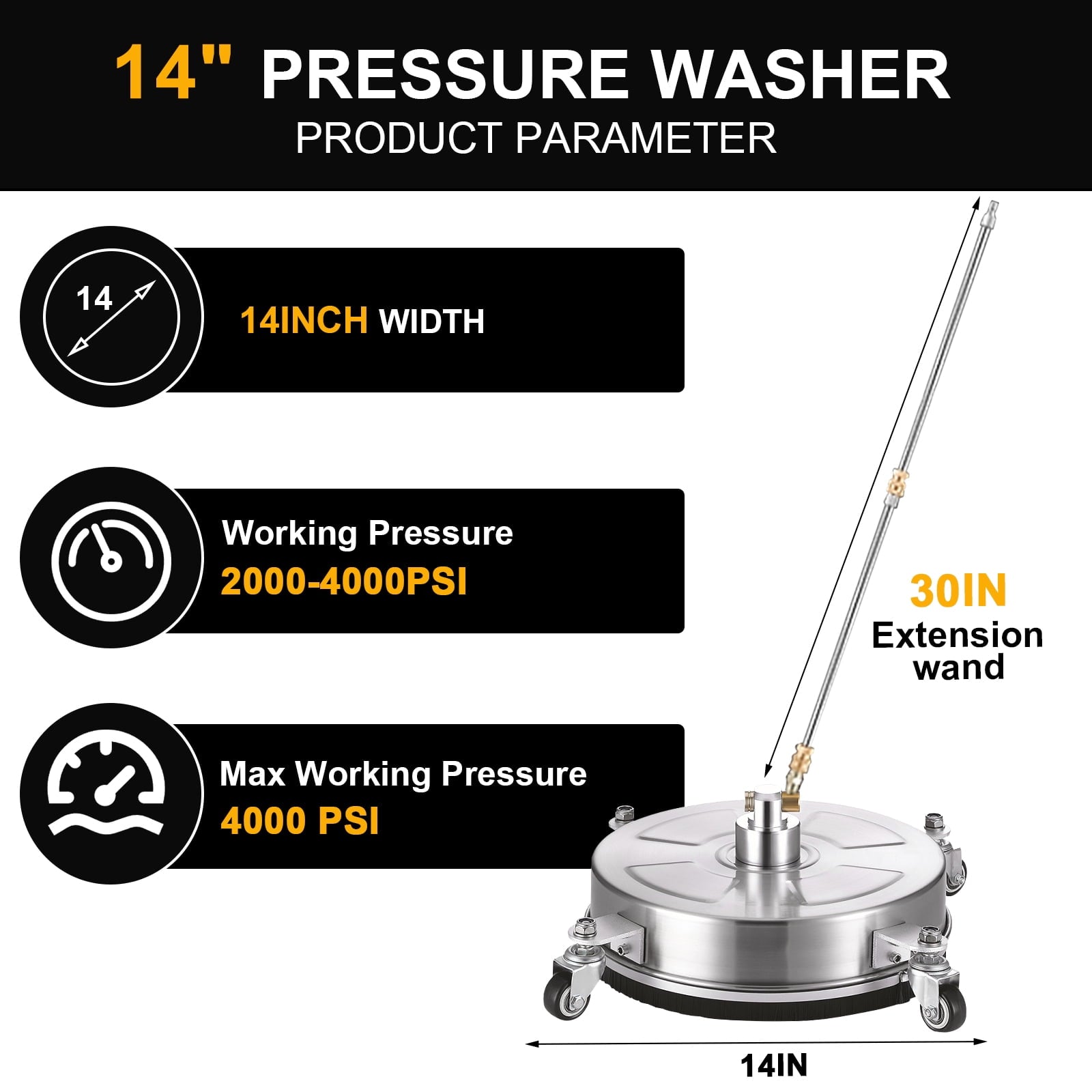 Fenbeli 14in Pressure Washer Surface Cleaner with 4 Wheels Stainless Steel Housing 1/4 in Quick Connector Power Washer Attachment 4000 PSI