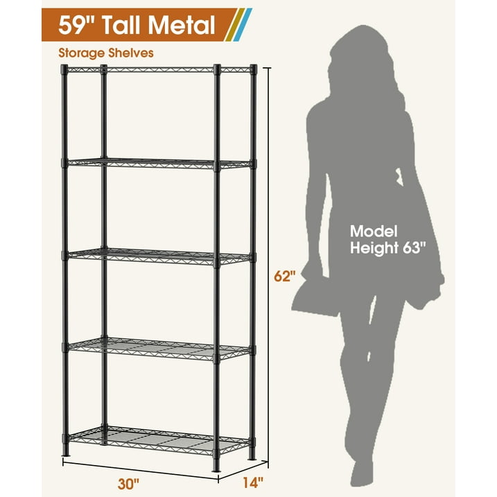 Fenbeli 5-Tier Adjustable Wire Shelving Storage Rack, Heavy-Duty Metal Organizer, Black